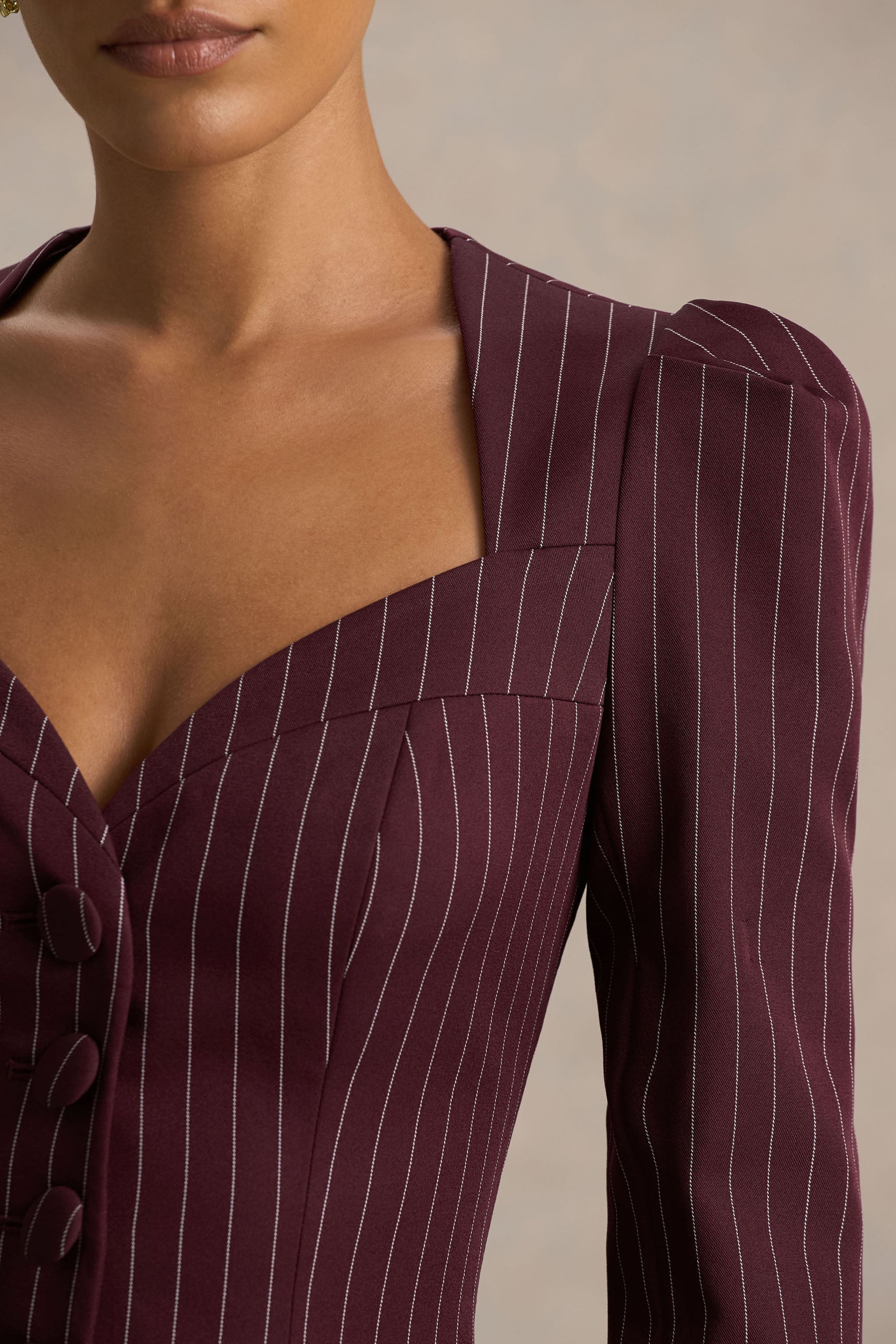 Lana | Burgundy Pinstripe Woven Sweetheart-Neck Tailored Top-Sowoom