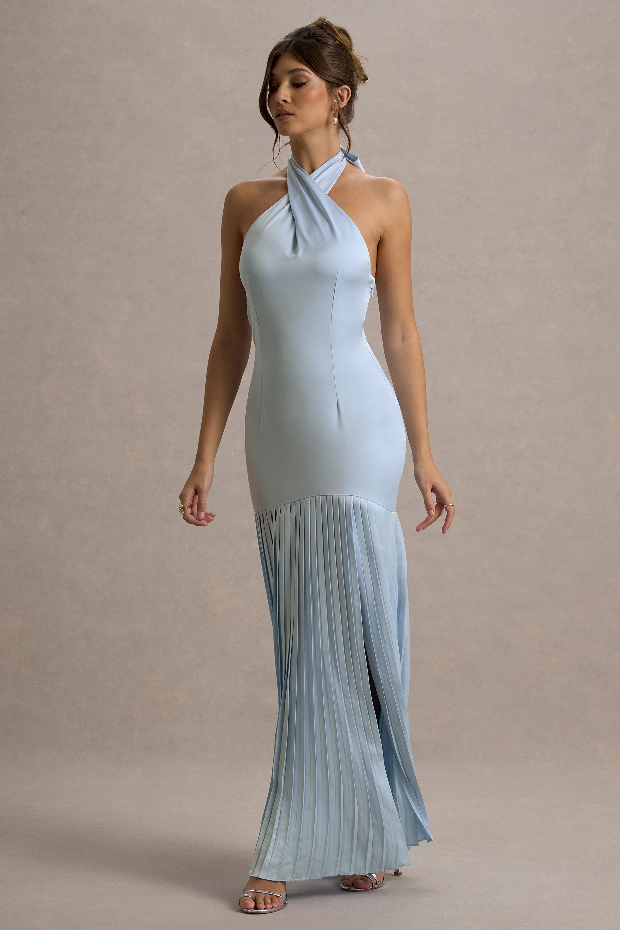 Sansa | Powder Blue Satin Cross Halter-Neck Plisse Maxi Dress-Sowoom