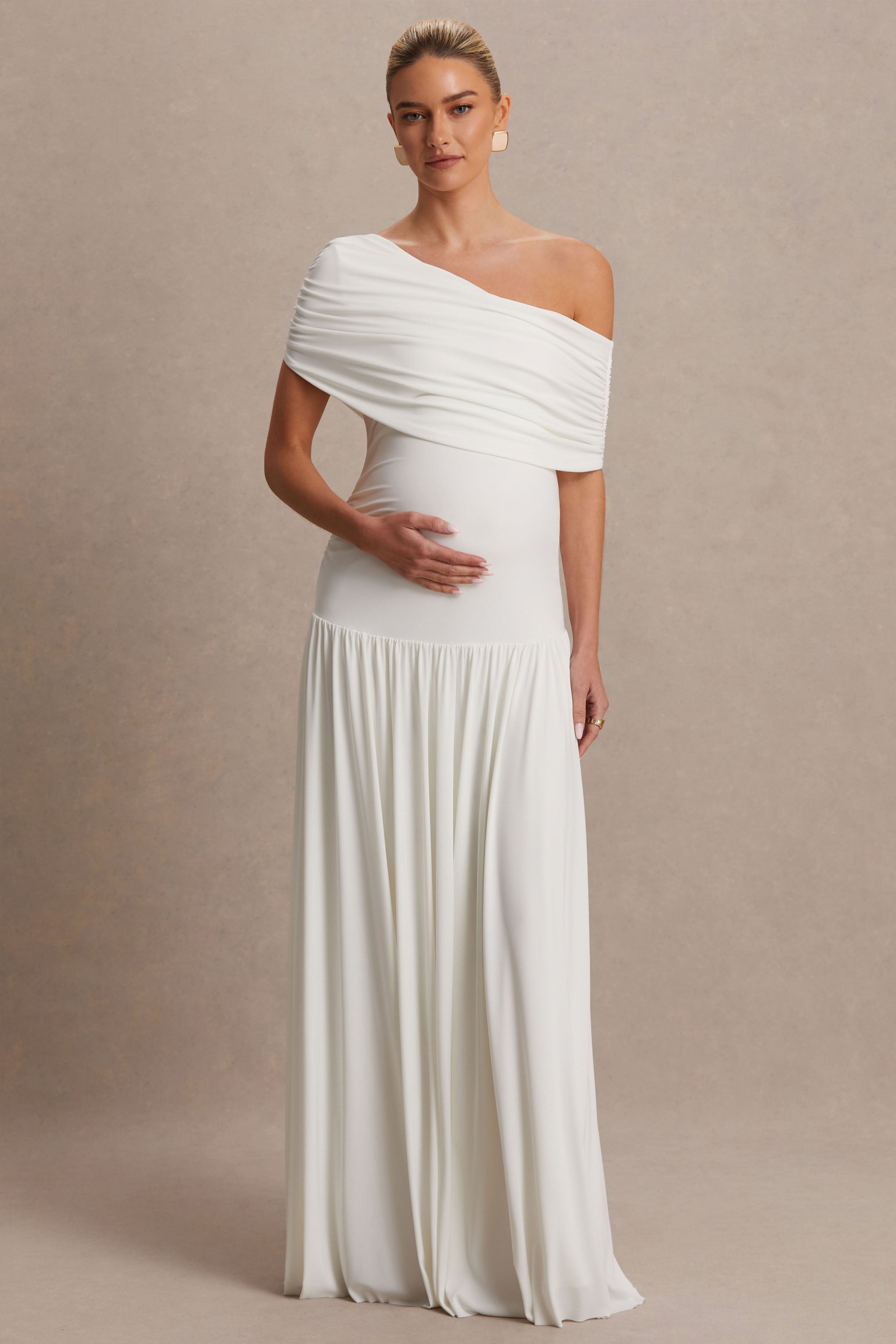 Noah | White Asymmetric-Neck Maternity Maxi Dress With Drop-Waist-Sowoom