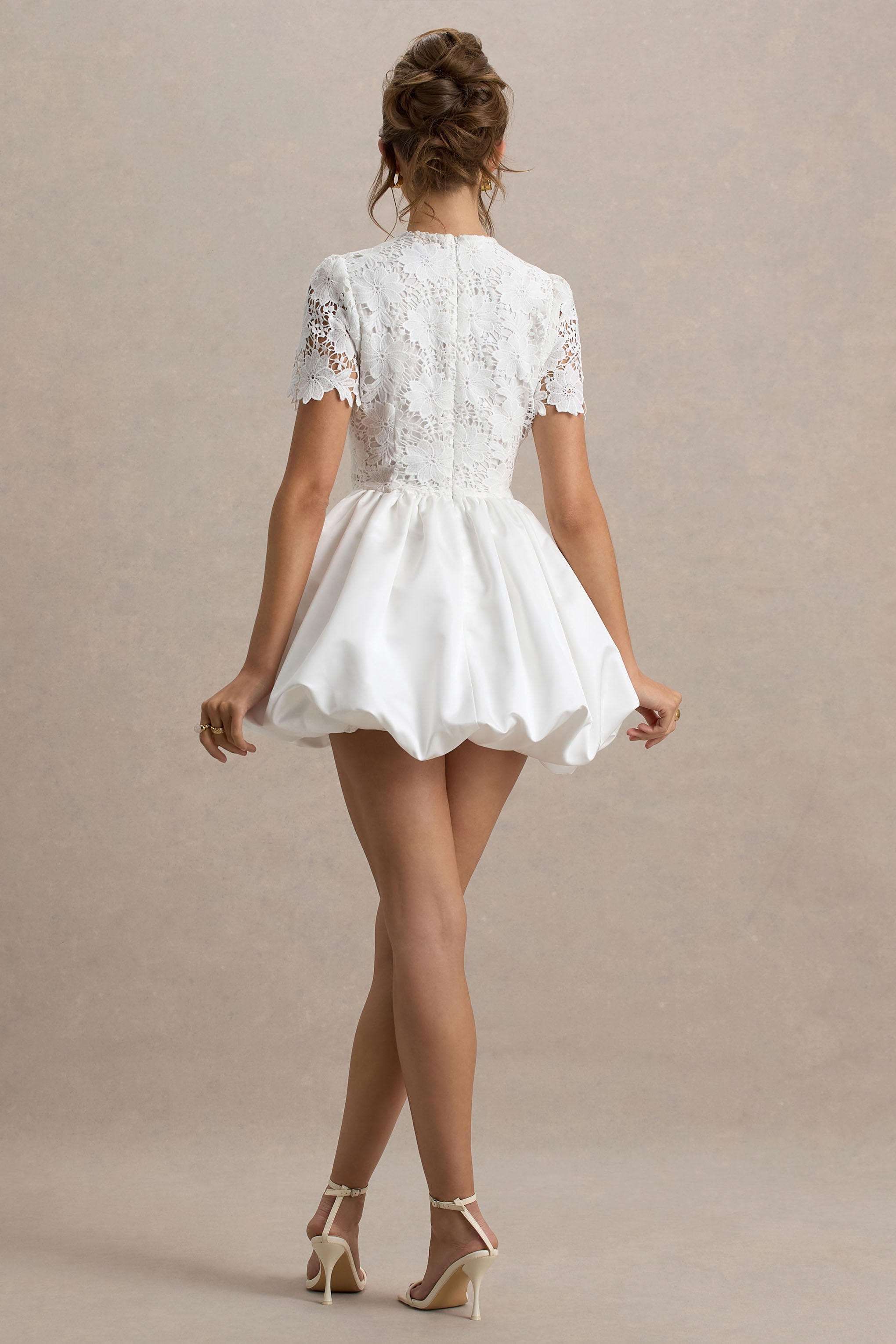 Taffy | White Lace Mini Dress With Satin Puffball Skirt-Sowoom