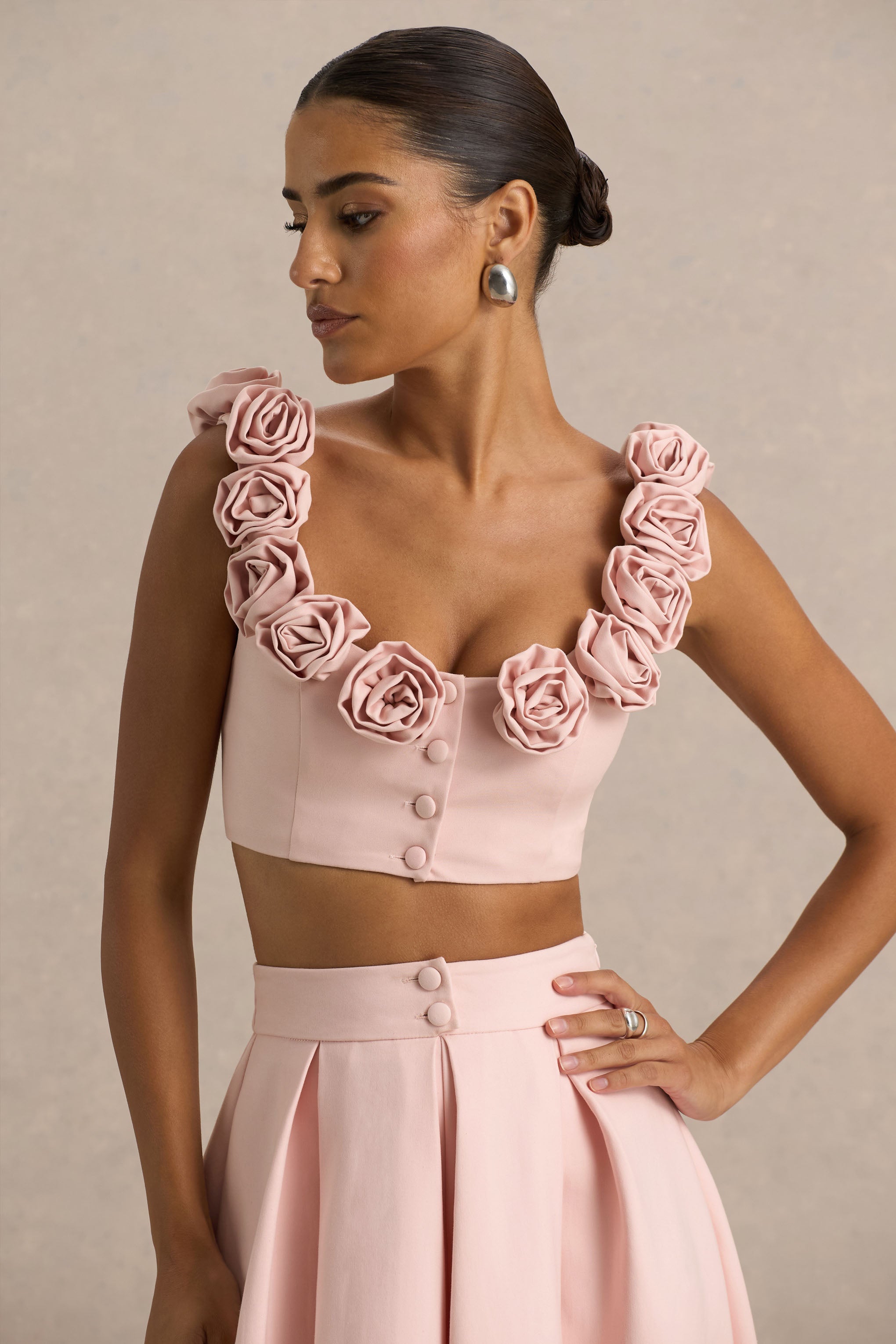 Blade | Baby Pink Scoop-Neck Crop Top With Corsage Details-Sowoom