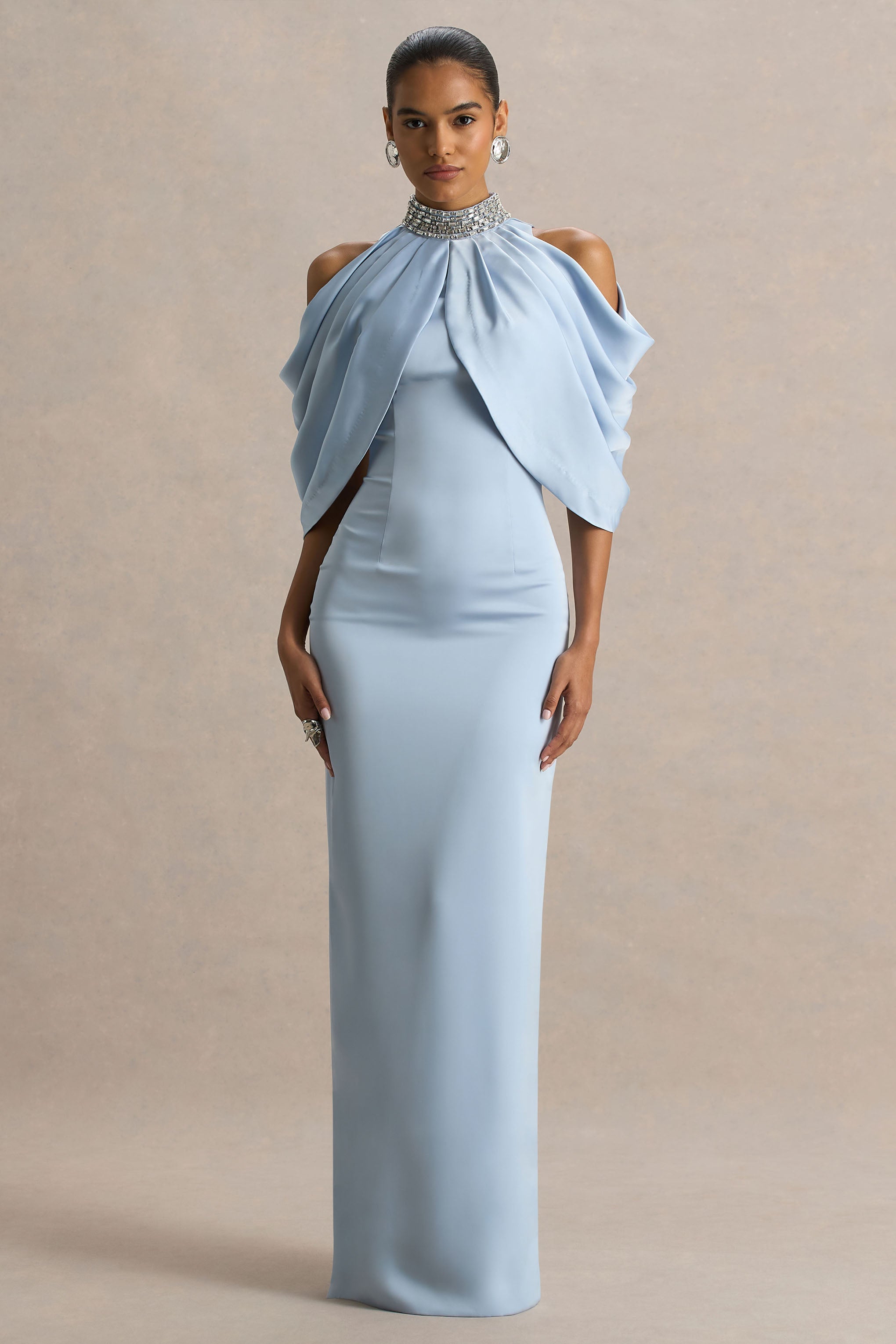 Sulliana | Powder Blue Satin High-Neck Maxi Dress With Embellished Detail And Cape Sleeves-Sowoom