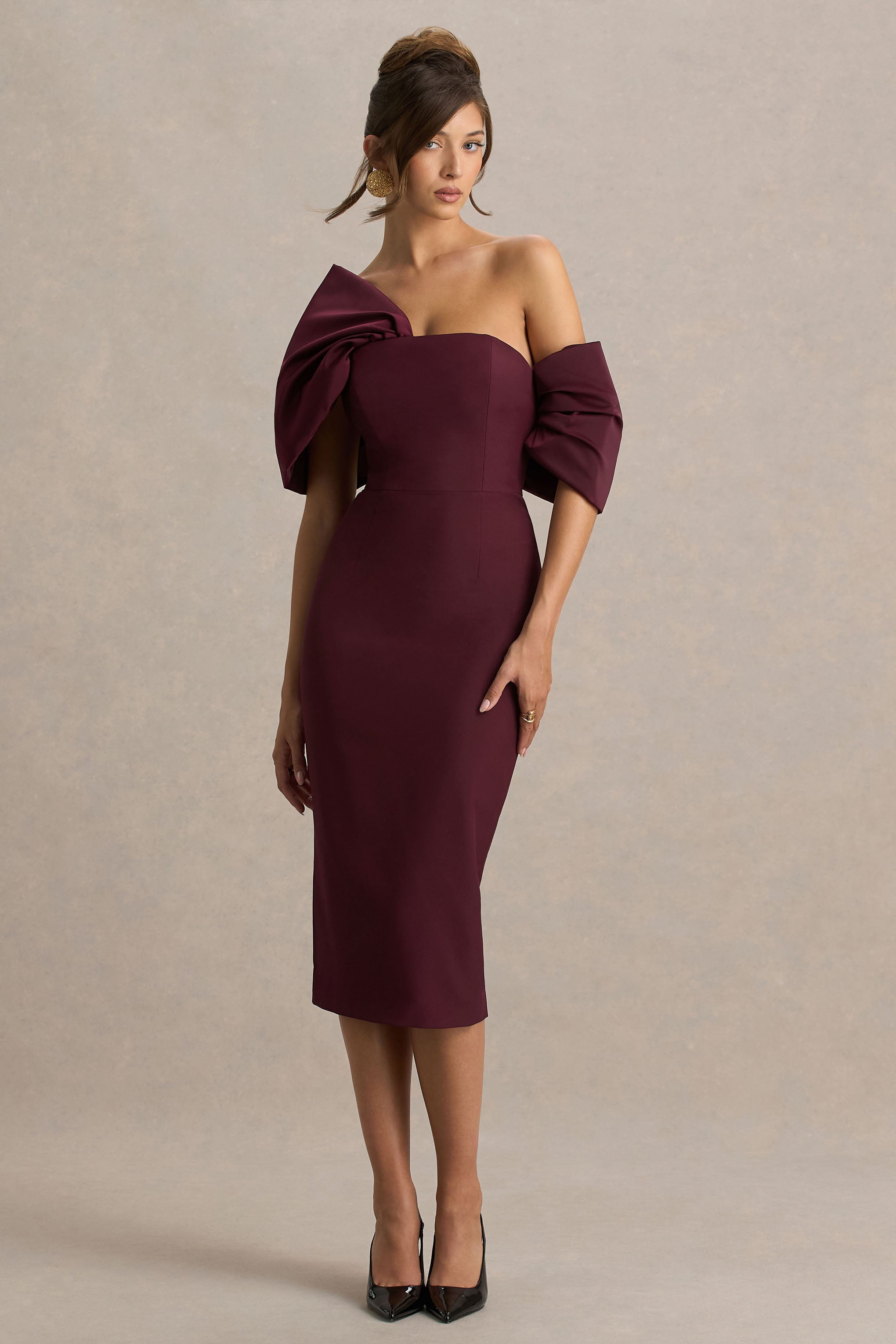 Lucille | Burgundy Asymmetric Bardot Midi Dress With Bow Detail-Sowoom