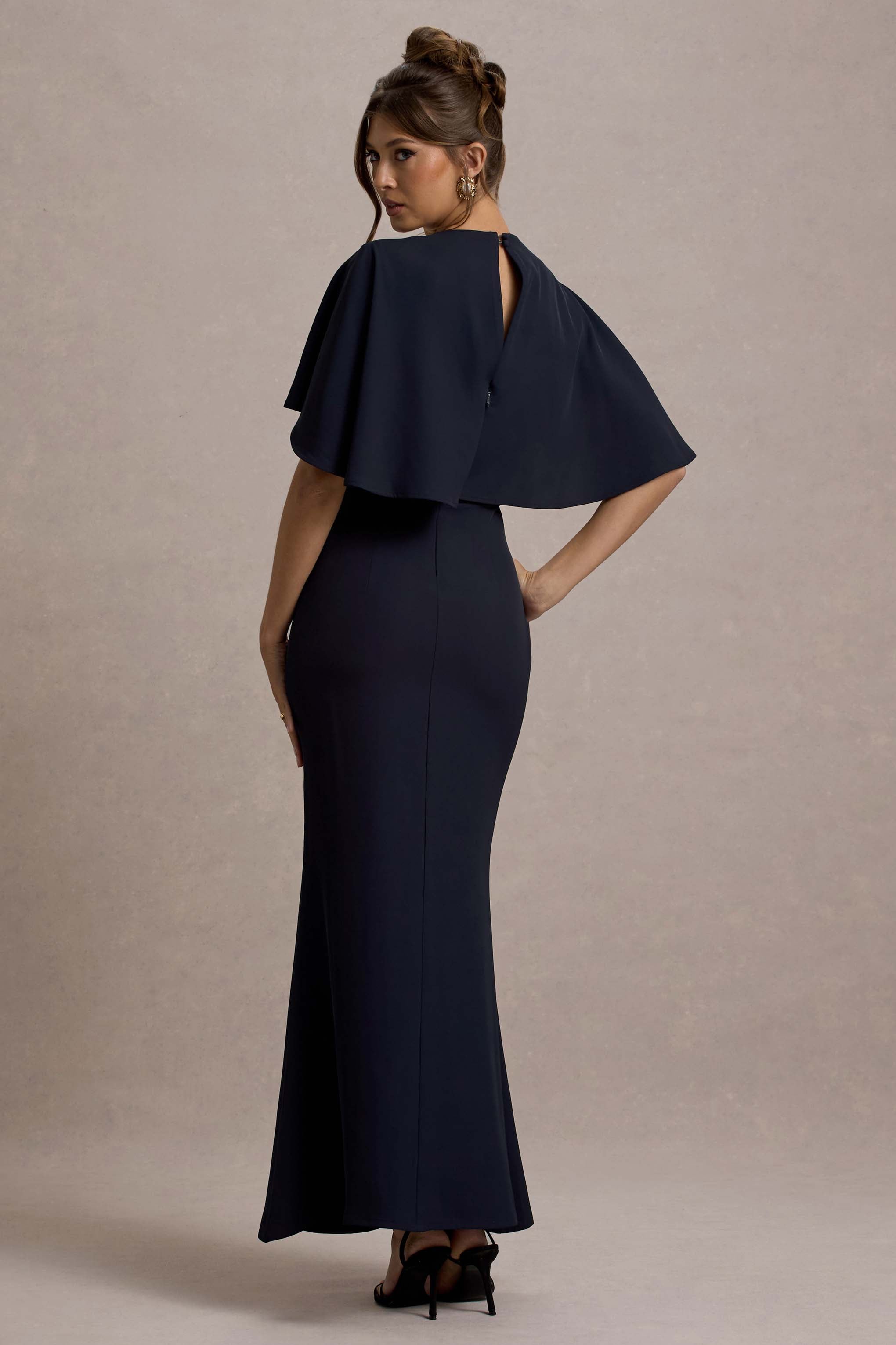 Allison | Navy High-Neck Maxi Dress With Cape-Sowoom
