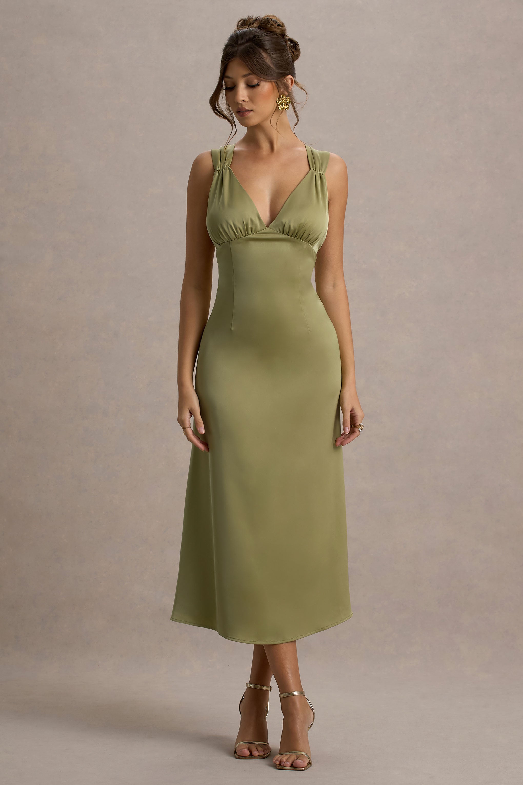 Beck | Light Green Satin Plunge-Neck Cross-Back Midi Dress-Sowoom
