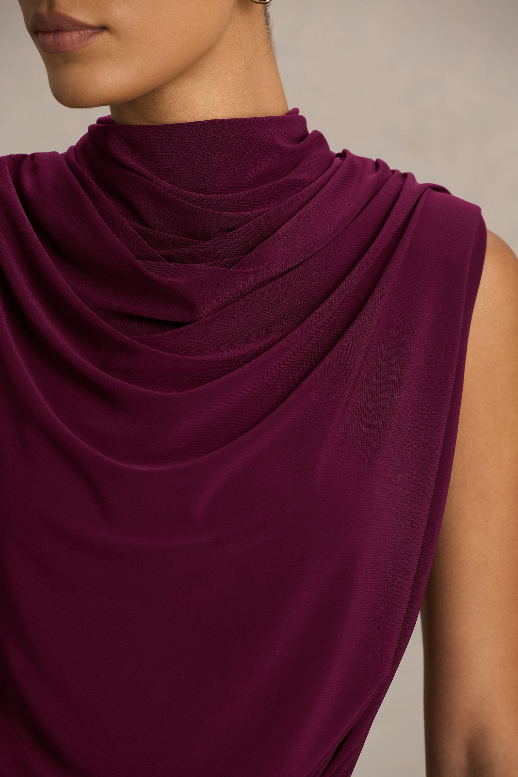 Hermia | Burgundy High-Neck Midi Dress-Sowoom