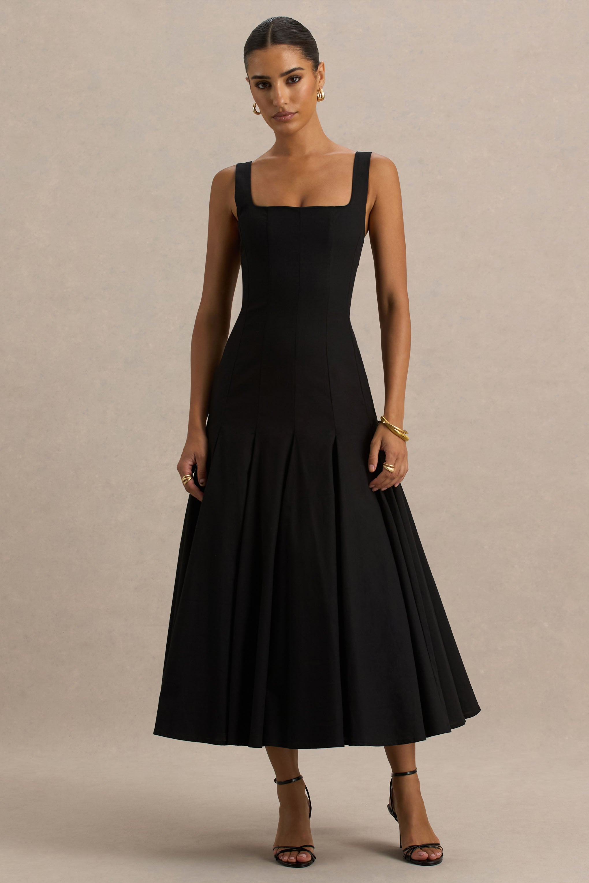 Magnolia | Black Scoop-Neck Midi Dress With Drop-Waist And Ruffling Detail-Sowoom