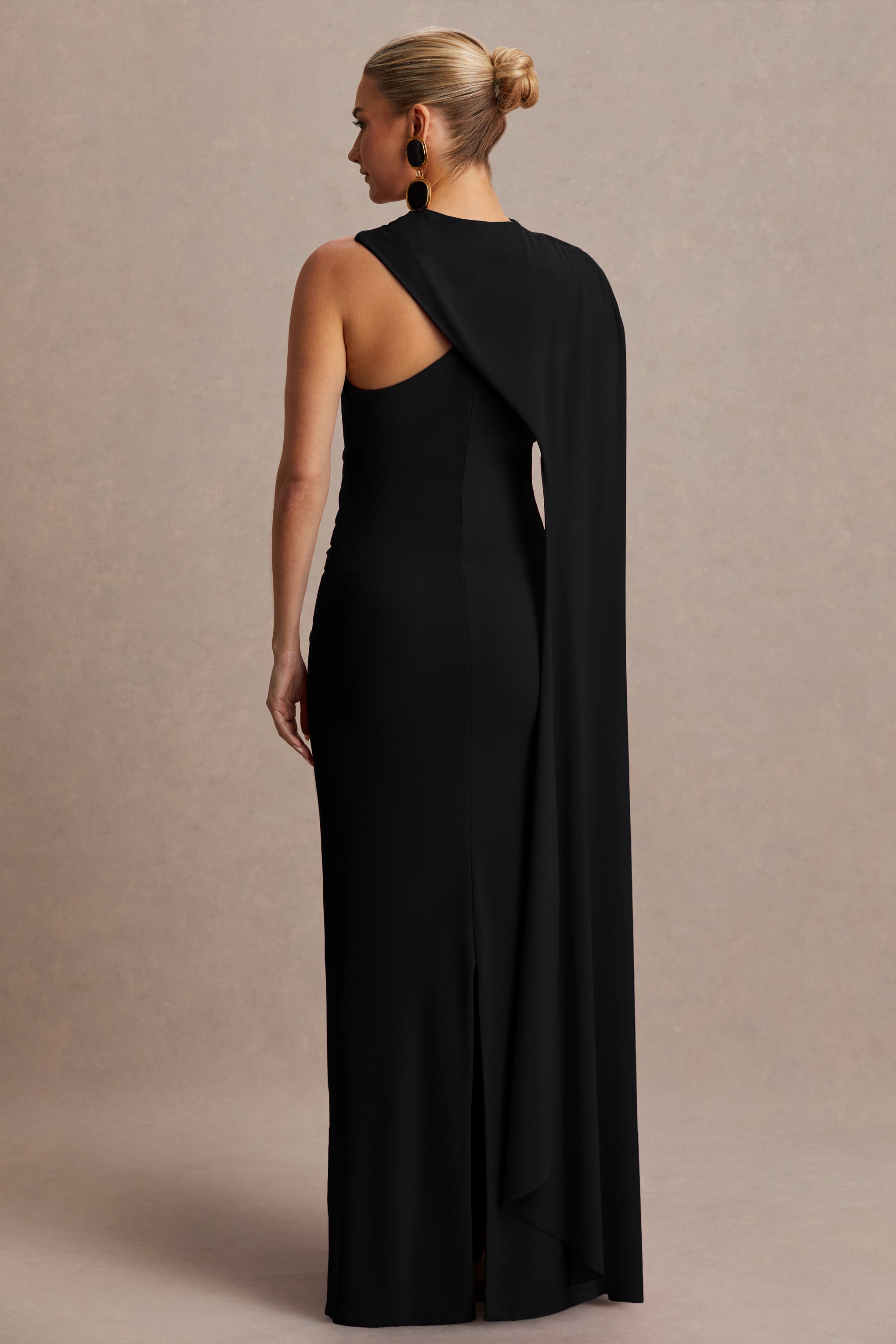 Tessy | Black Asymmetric-Neck Maternity Maxi Dress With Cape-Sleeve-Sowoom