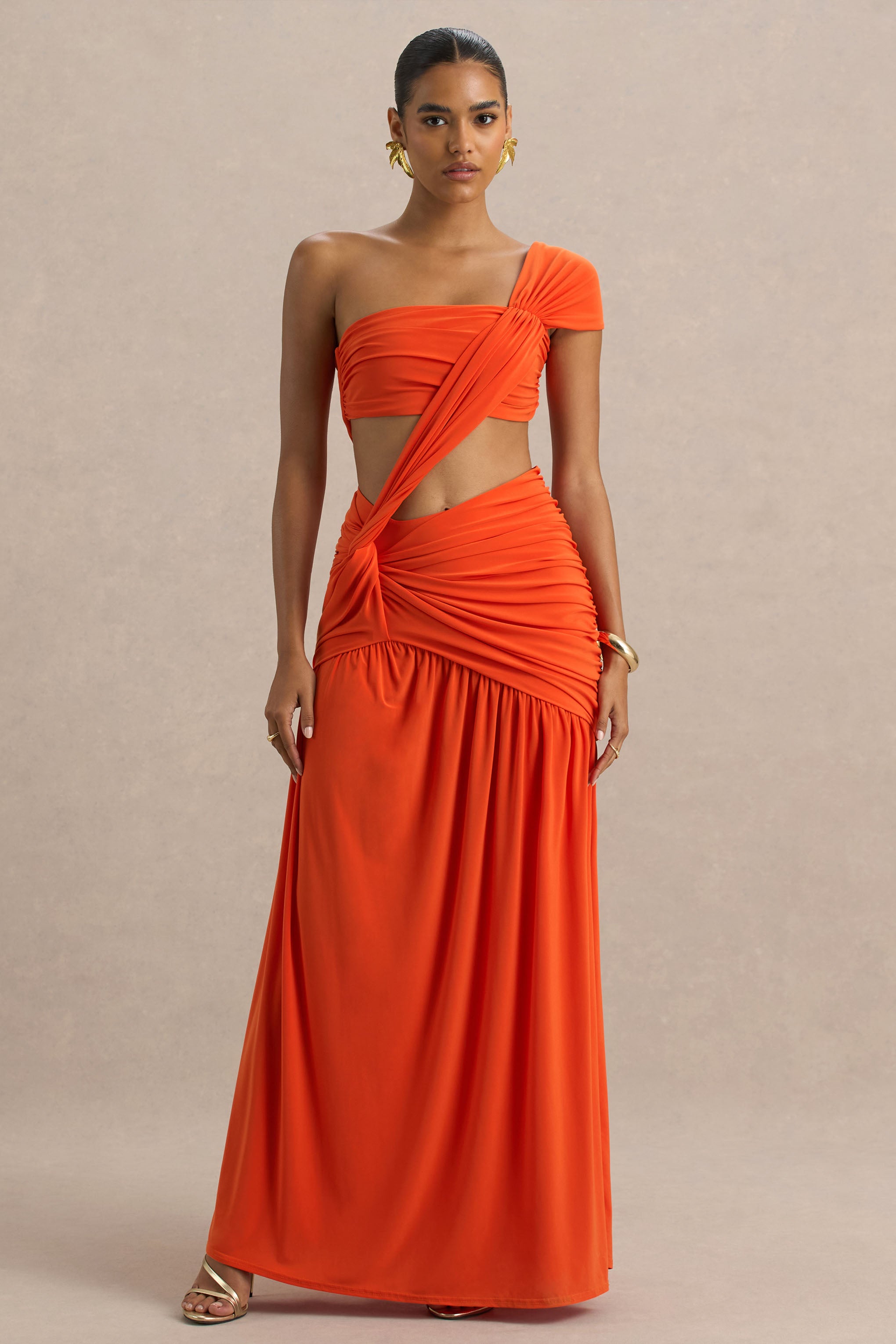 Cadiz | Orange Asymmetric Maxi Dress With Cut-Out Detail and Open-Back-Sowoom