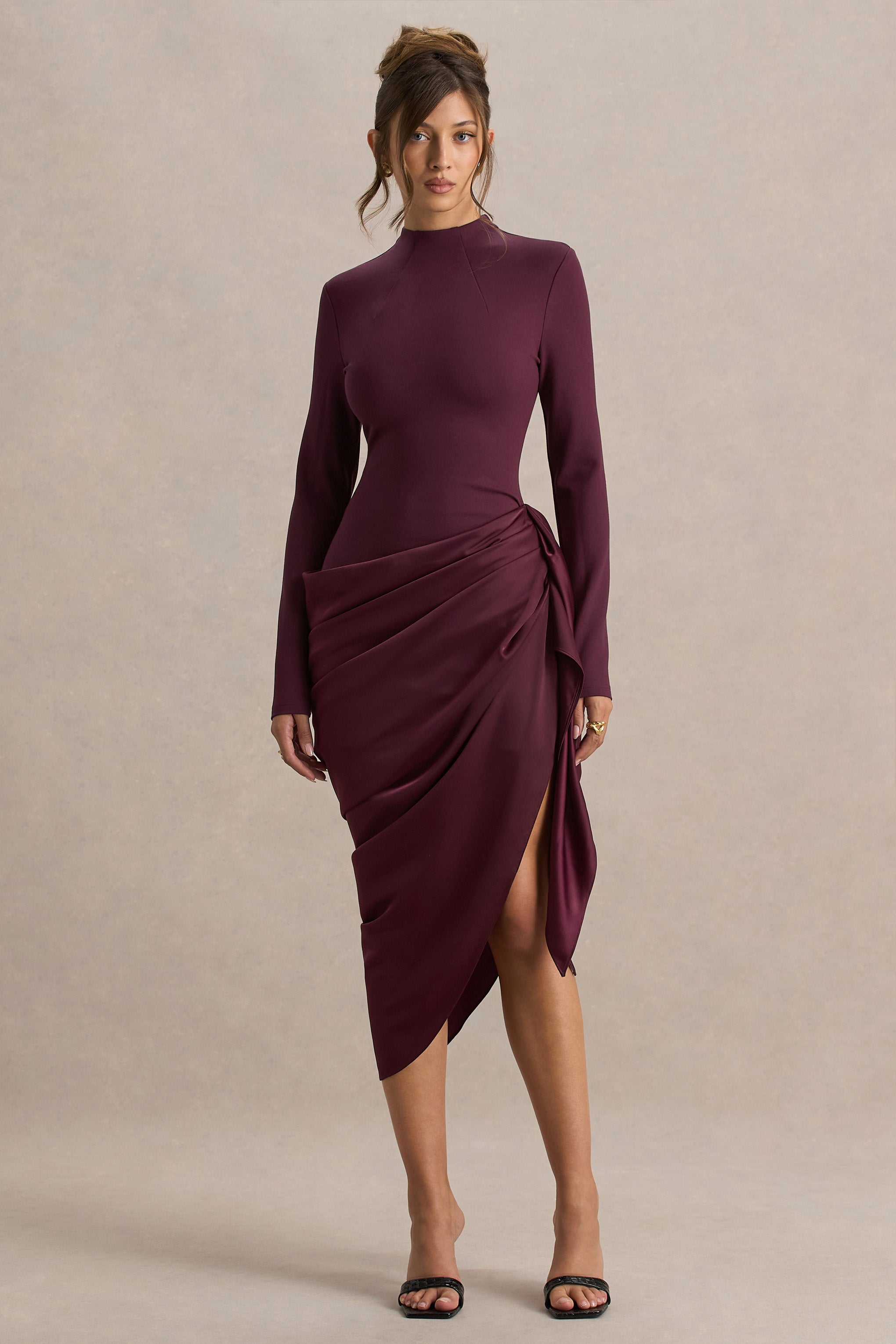 Raffie | Plum Long-Sleeve Midi Dress With Satin Wrap Skirt-Sowoom