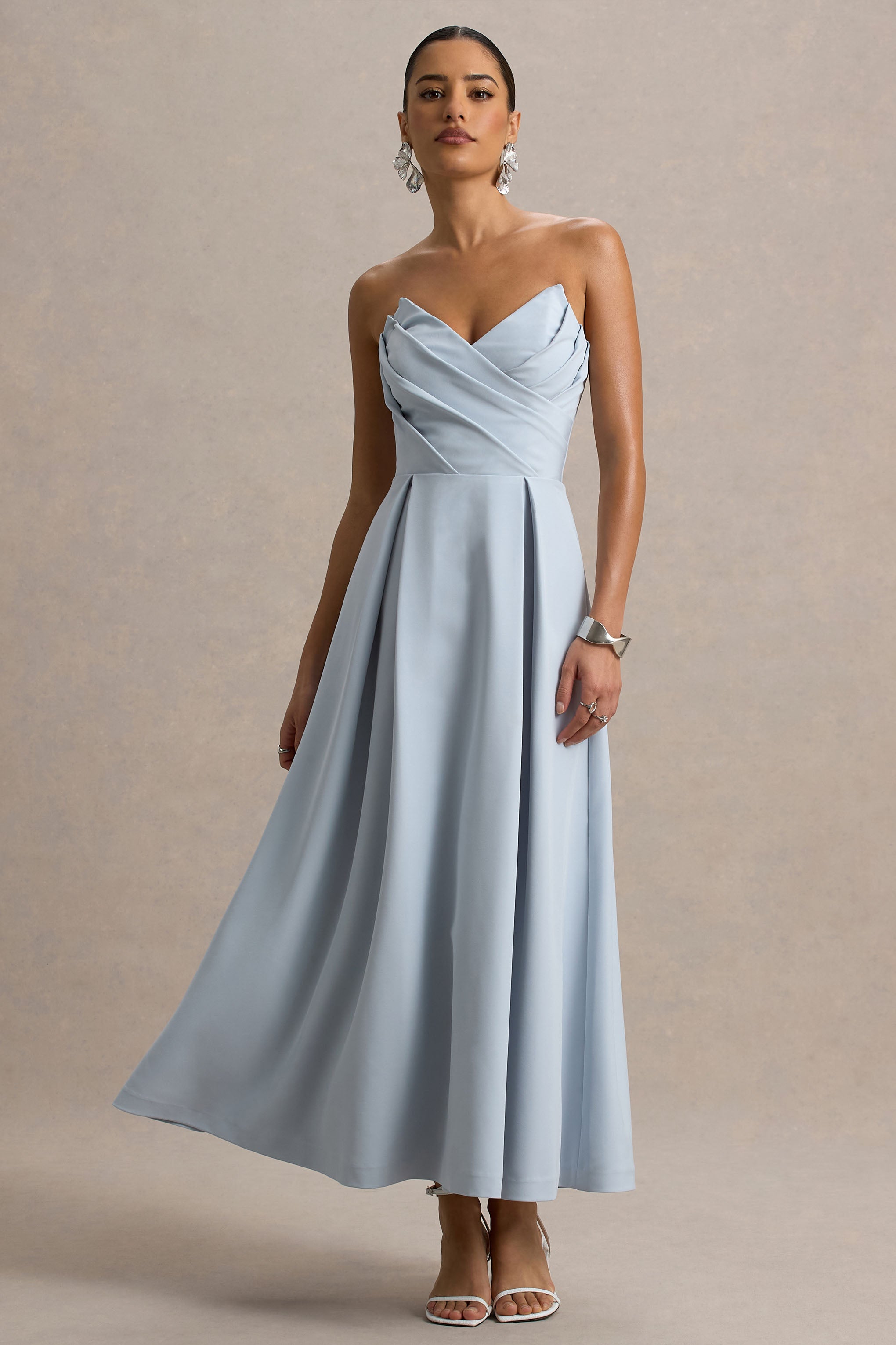 Reigning Beauty | Powder Blue Sweetheart Midi Dress With Volume Hem-Sowoom