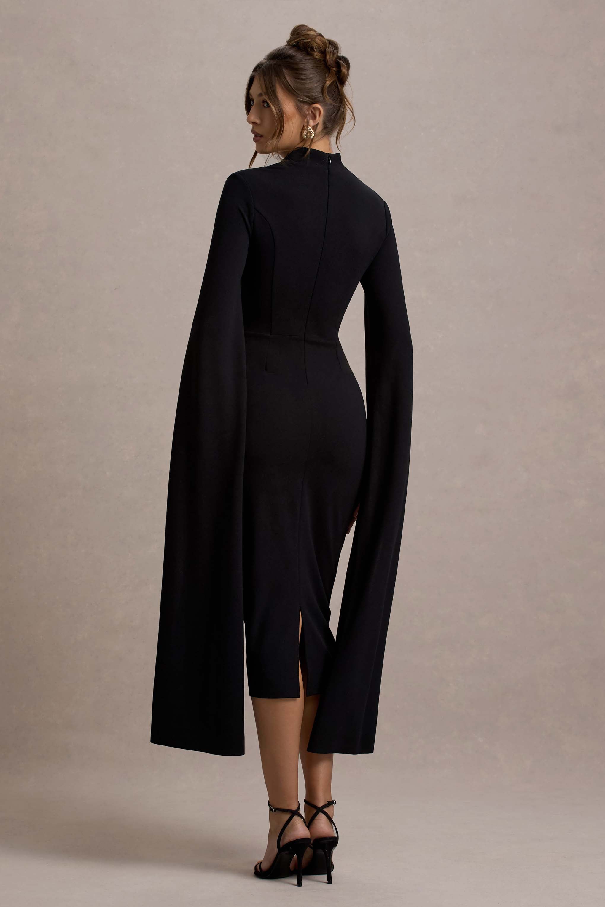 Linden | Black Bodycon Cape-Sleeve Midi Dress-Sowoom