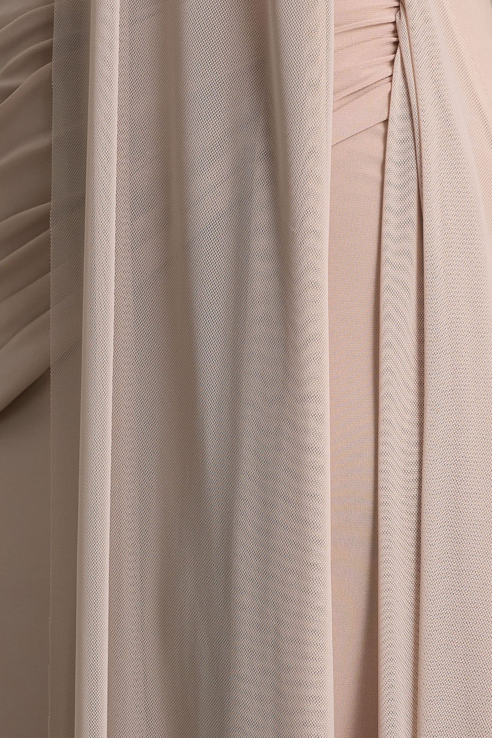 Brenda | Champagne Crew-Neck Maxi Dress With Mesh Cape And Sash-Sowoom