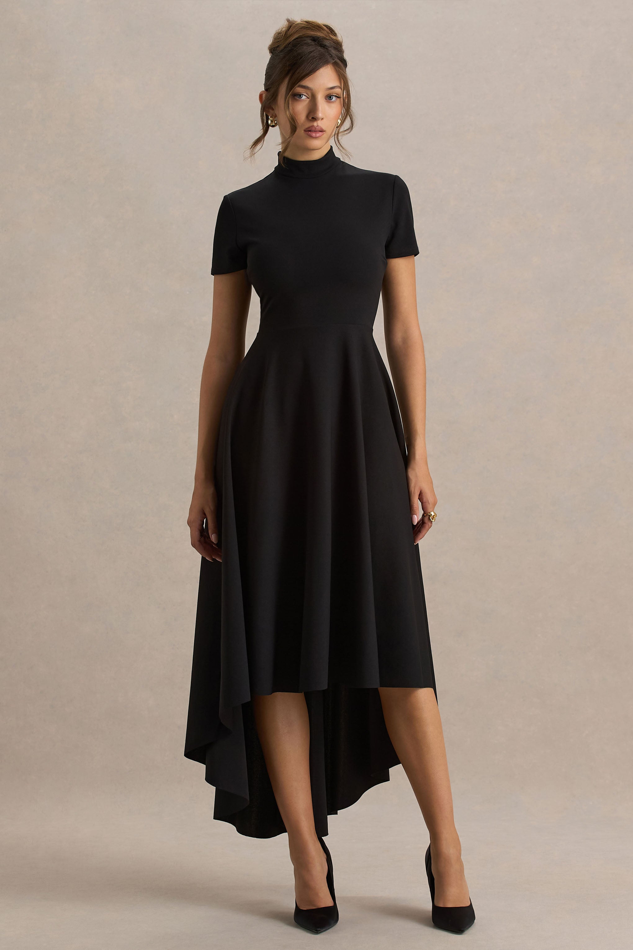 Bellona | Black High-Neck High-Low Midi Dress-Sowoom