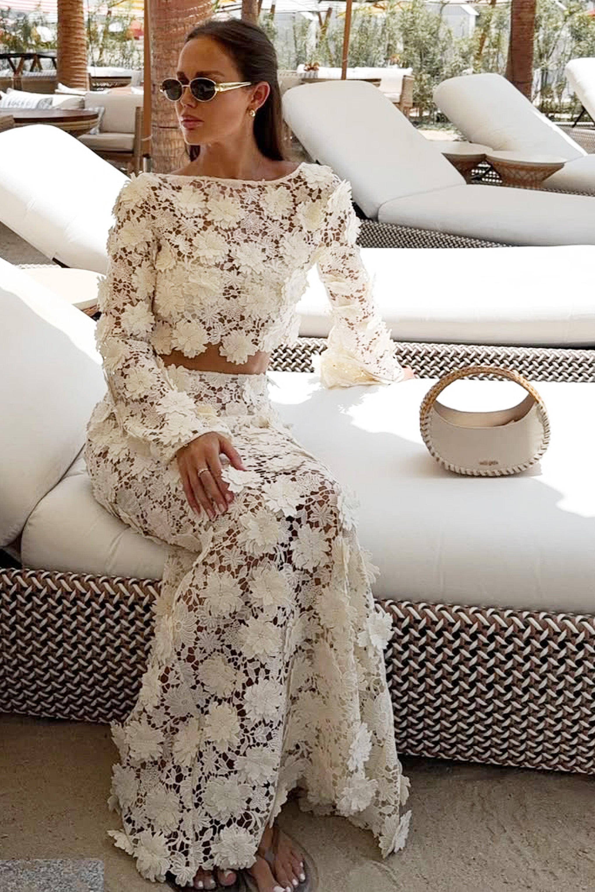 Ibiza | Cream Lace Bell-Sleeve Crop Top-Sowoom