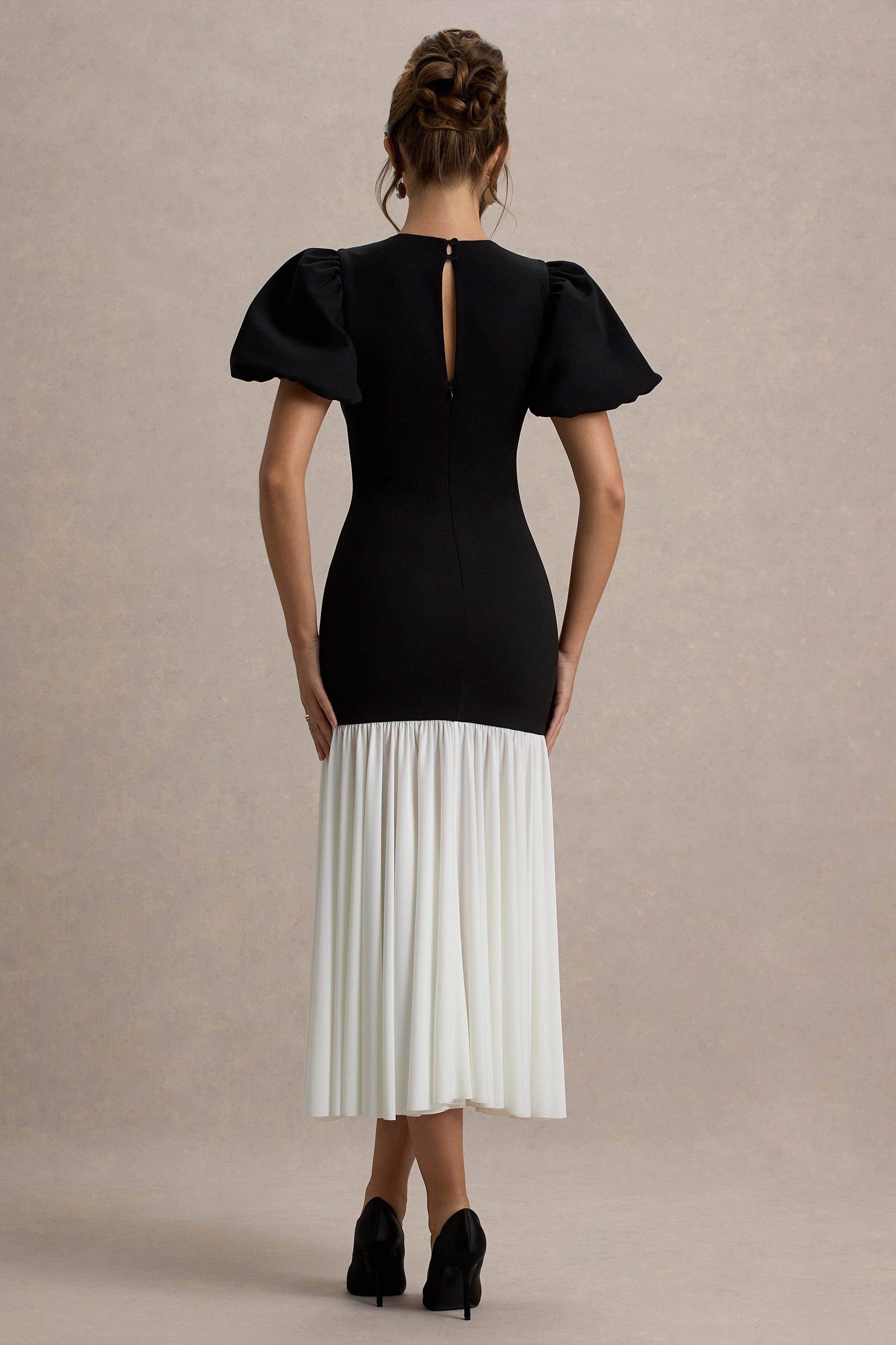 Cinzia | Black & White Puff-Sleeve Volume-Hem Midi Dress-Sowoom