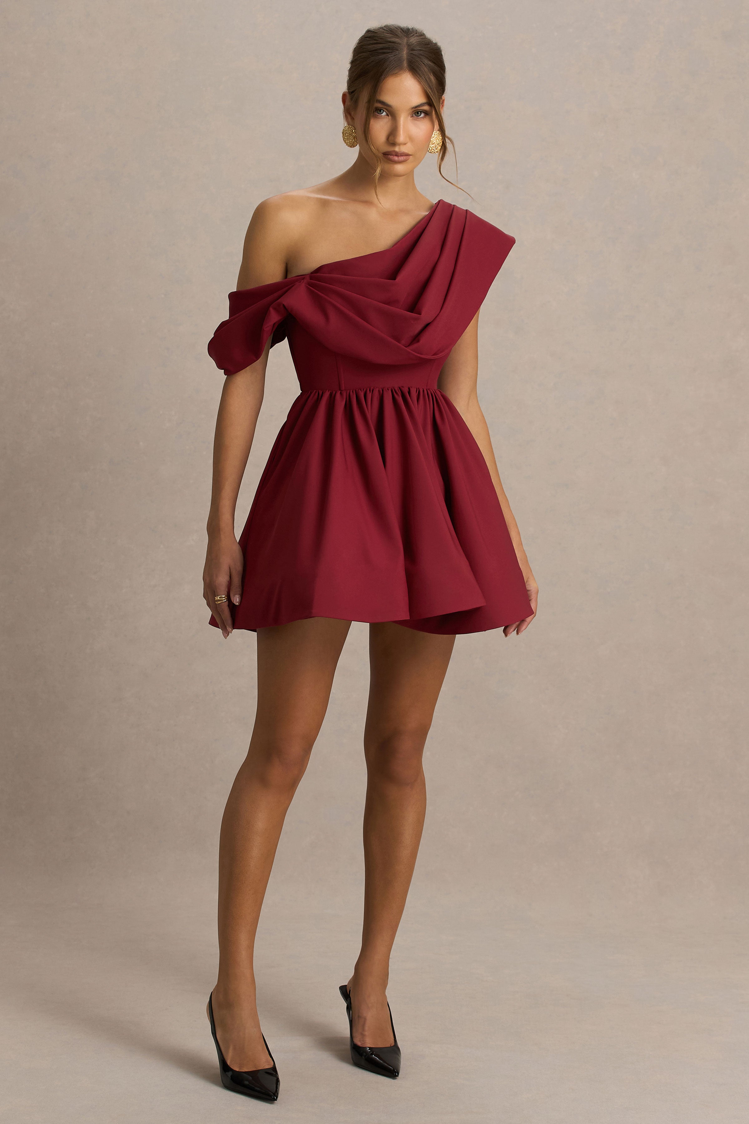 Verona | Burgundy  Draped Asymmetric-Neck Skater Mini Dress-Sowoom