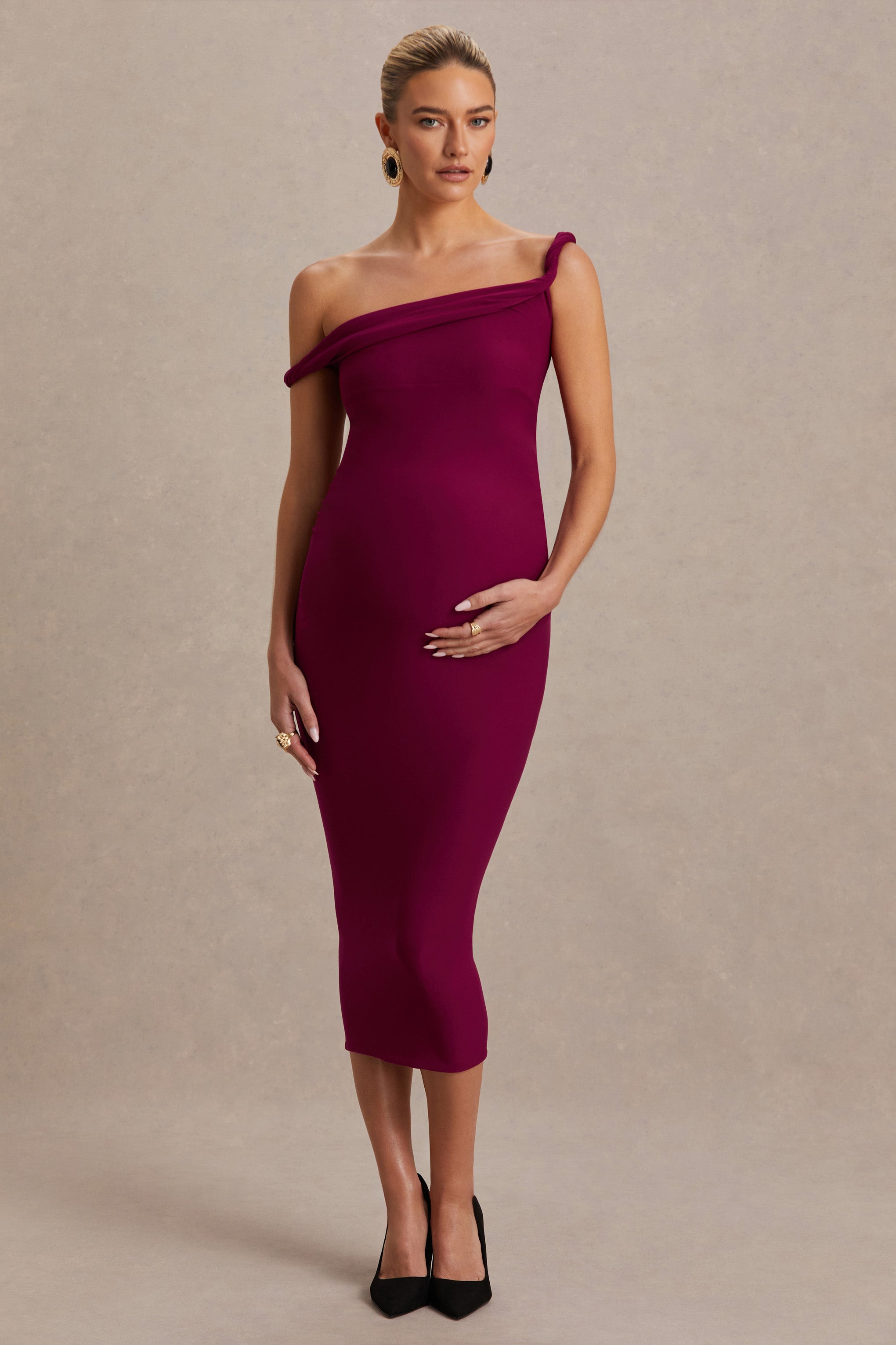 Salome | Burgundy Twisted Asymmetric Maternity Midi Dress-Sowoom