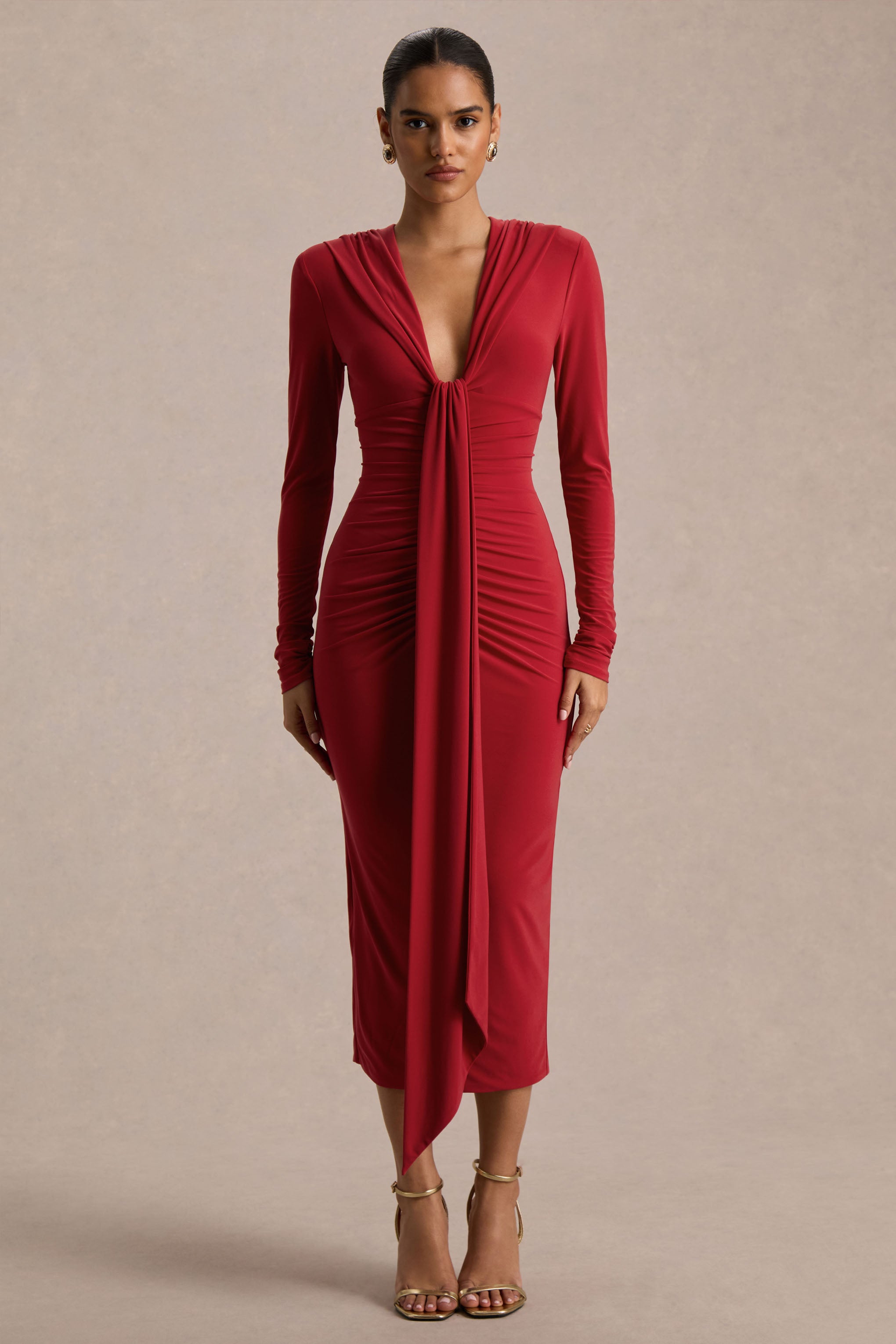 Ivara | Red Plunge-Neck Maxi Dress With Ruched Detailing And Sash-Sowoom