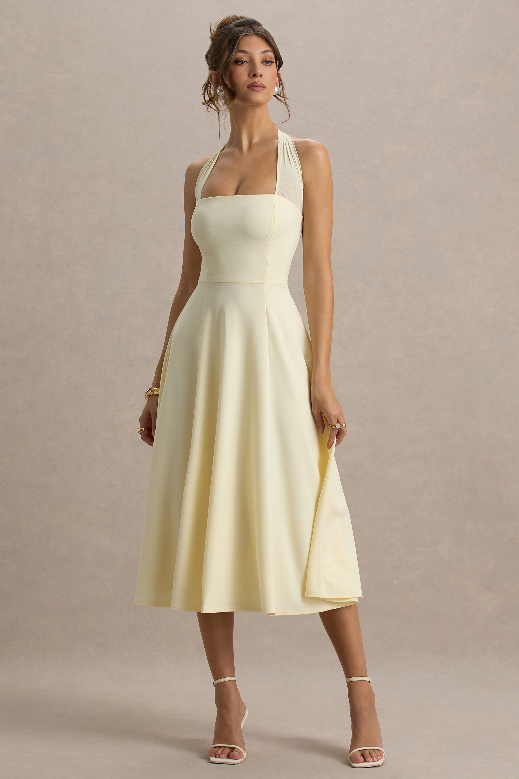 Auburn | Pale Lemon Halter-Neck Midi Dress-Sowoom