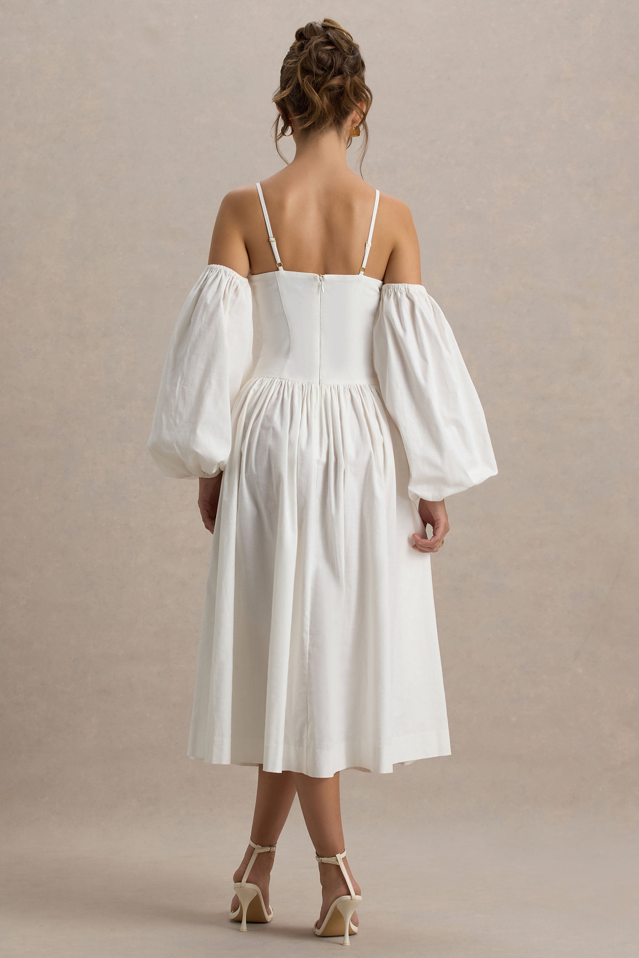 Macie | Cream Sweetheart Midi Dress With Balloon Sleeves-Sowoom