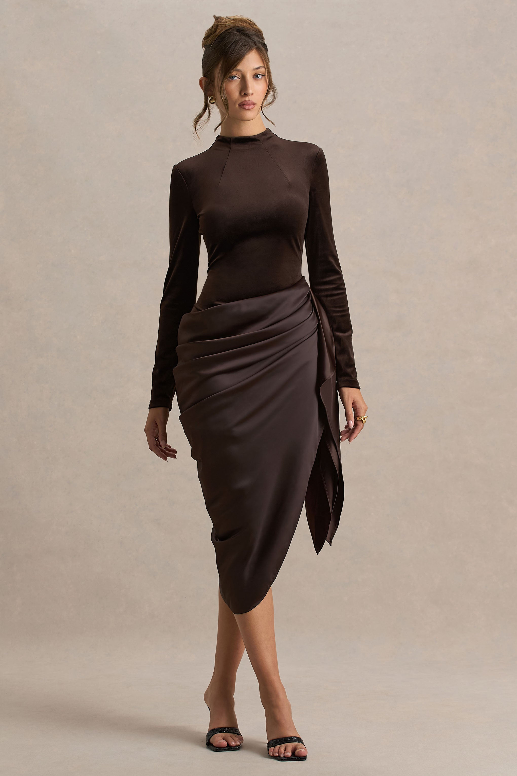 Sasha | Brown Satin And Velvet Midi Dress With Wrap-Detail-Sowoom