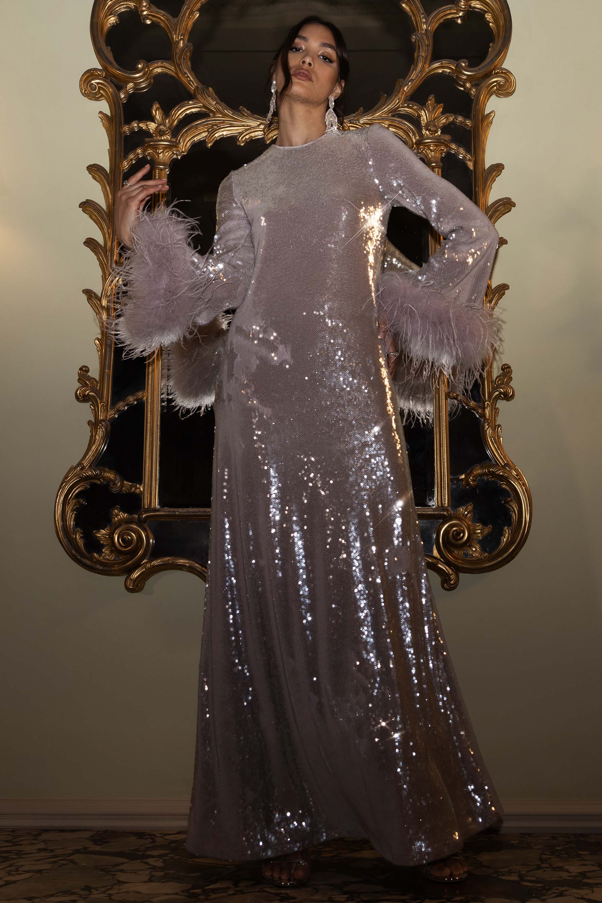 Tallie | Lilac Sequin Maxi Dress With Feather Trim-Sowoom