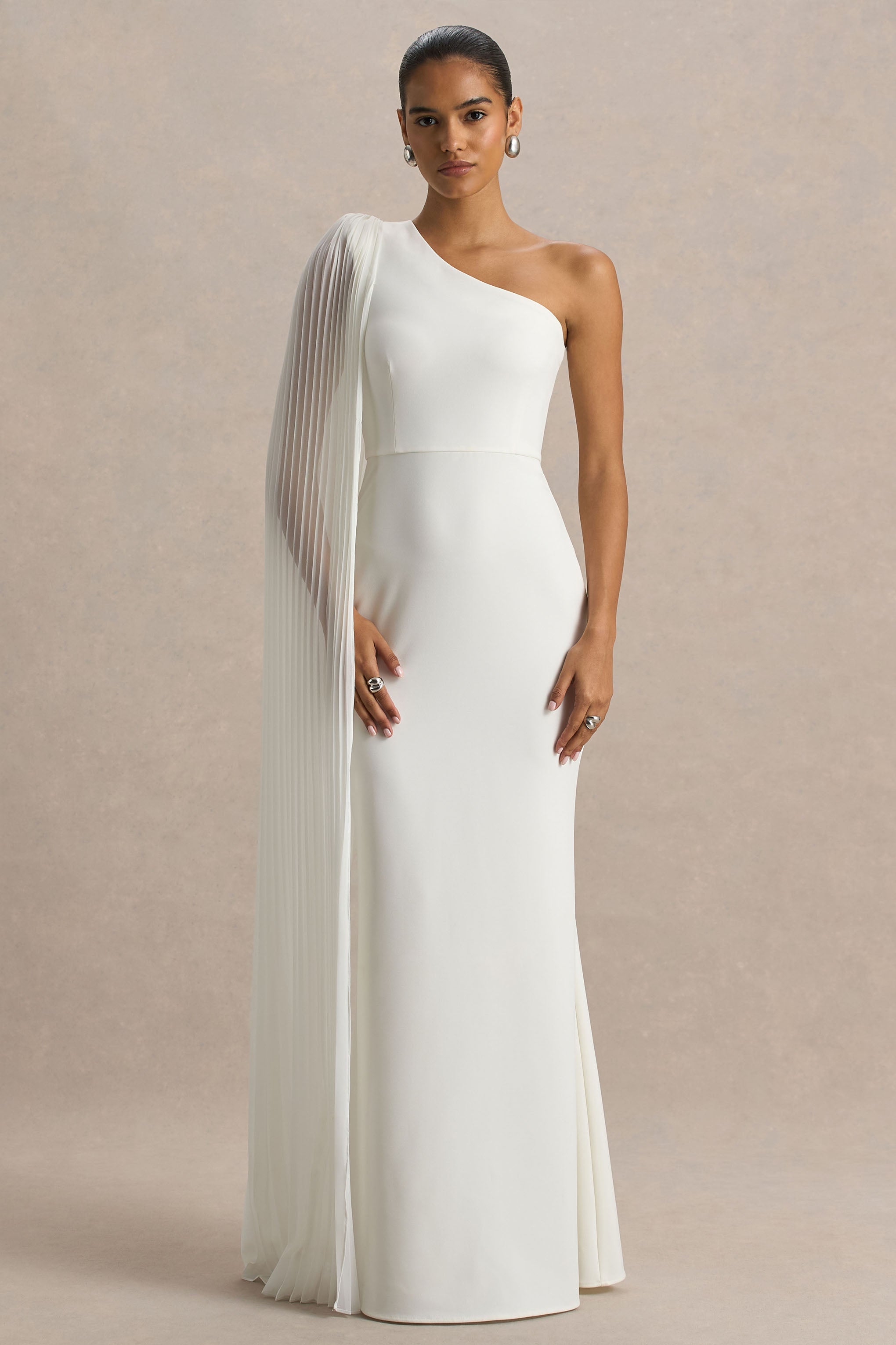 Athens | White Asymmetric-Neck Maxi Dress With Cape Sleeve Detail-Sowoom