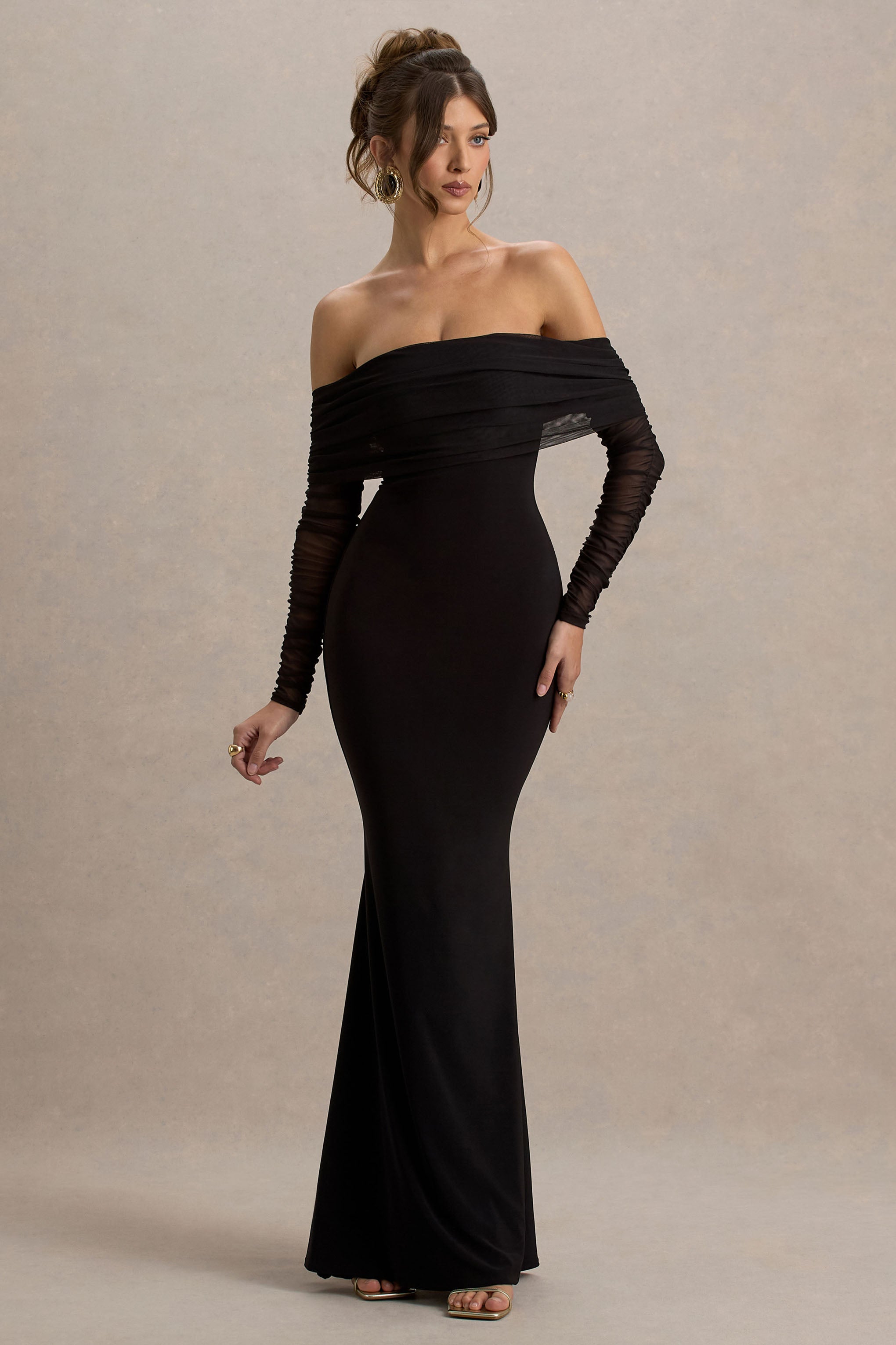 Madeleine | Black Fishtail Maxi Dress With Bardot Mesh Long Sleeves-Sowoom