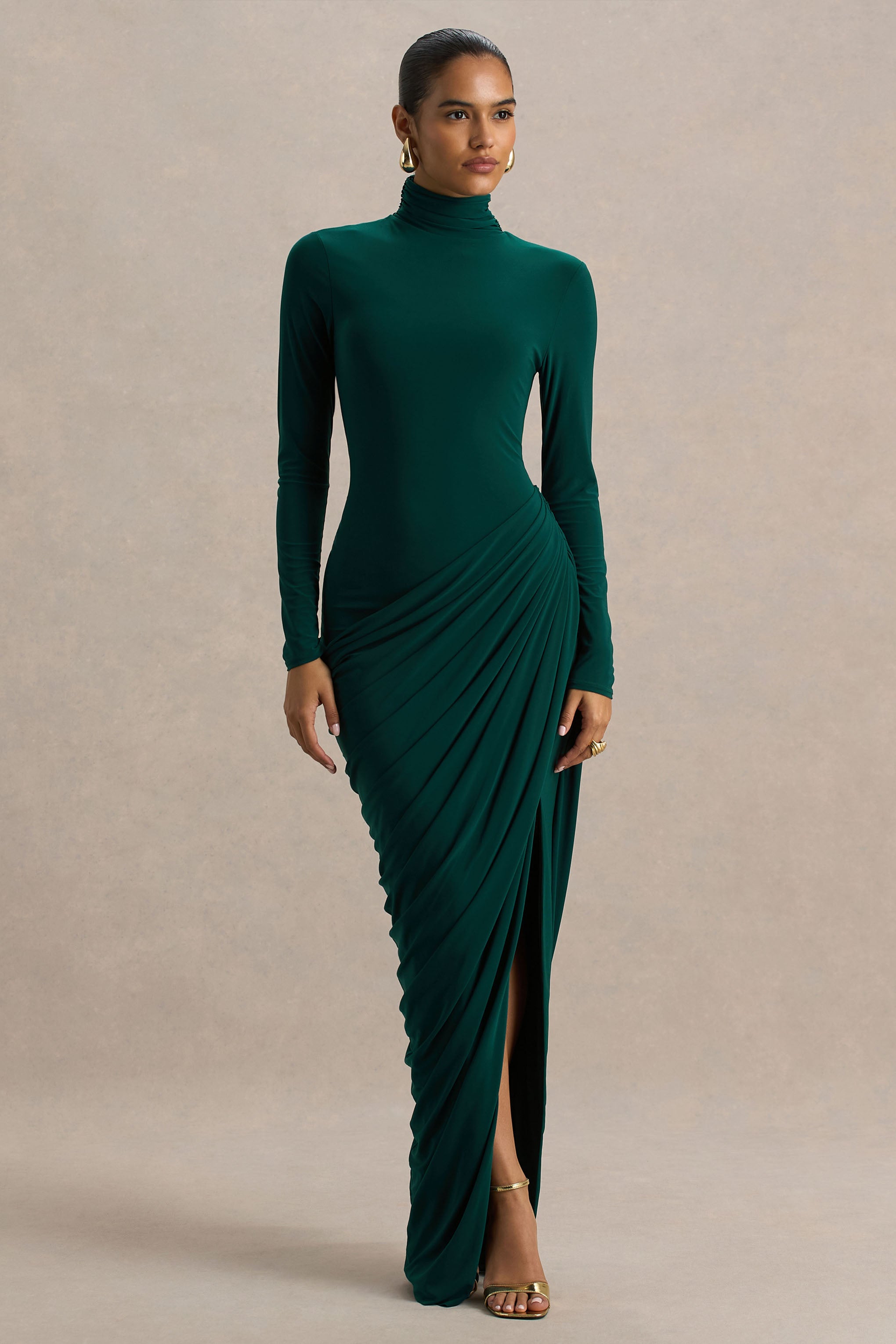 Betsy | Bottle Green High-Neck Maxi Dress With Front Split And Ruched Detailing-Sowoom