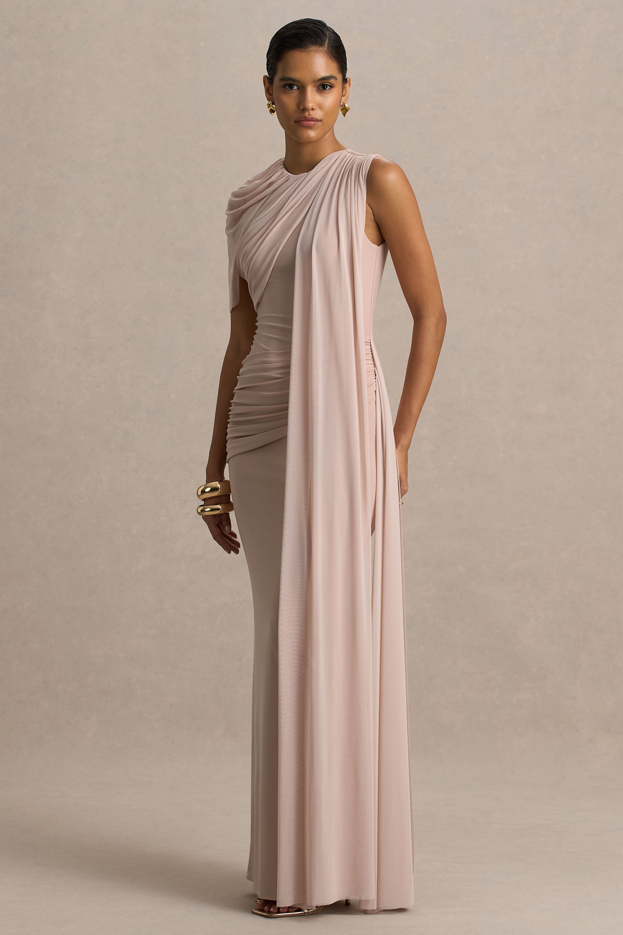 Brenda | Champagne Crew-Neck Maxi Dress With Mesh Cape And Sash-Sowoom