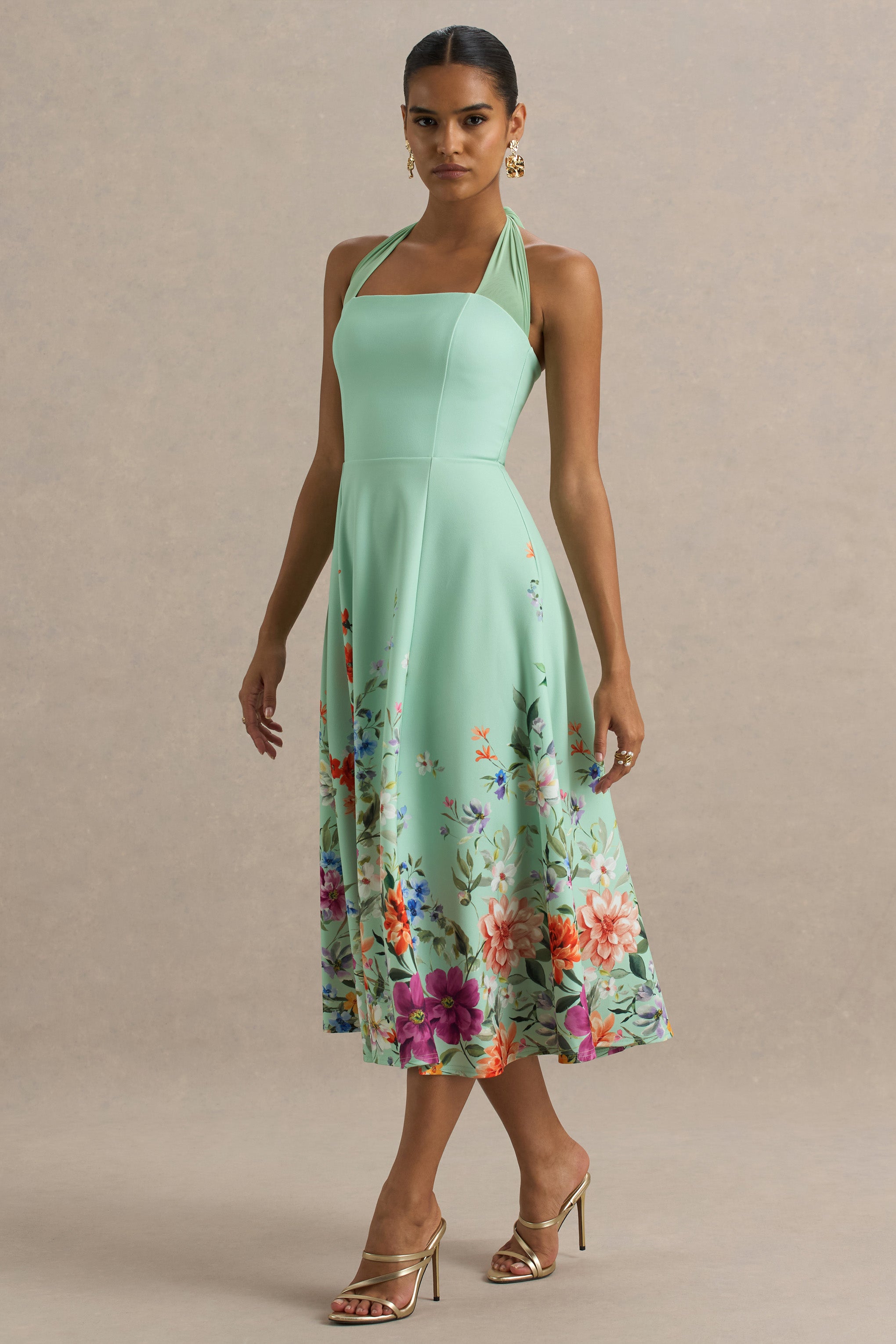 Auburn | Mint Placement Floral Halter-Neck Midi Dress-Sowoom