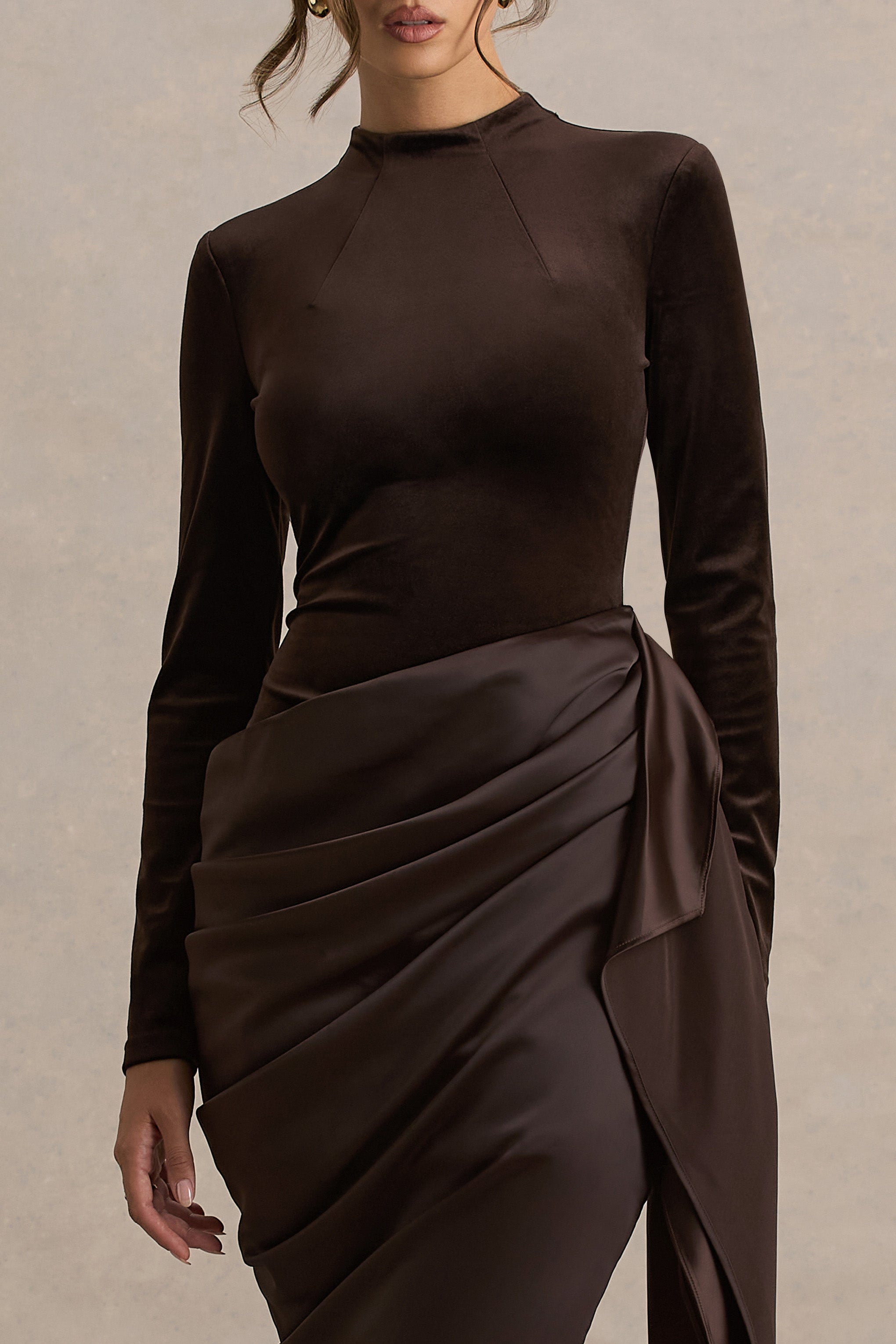 Sasha | Brown Satin And Velvet Midi Dress With Wrap-Detail-Sowoom
