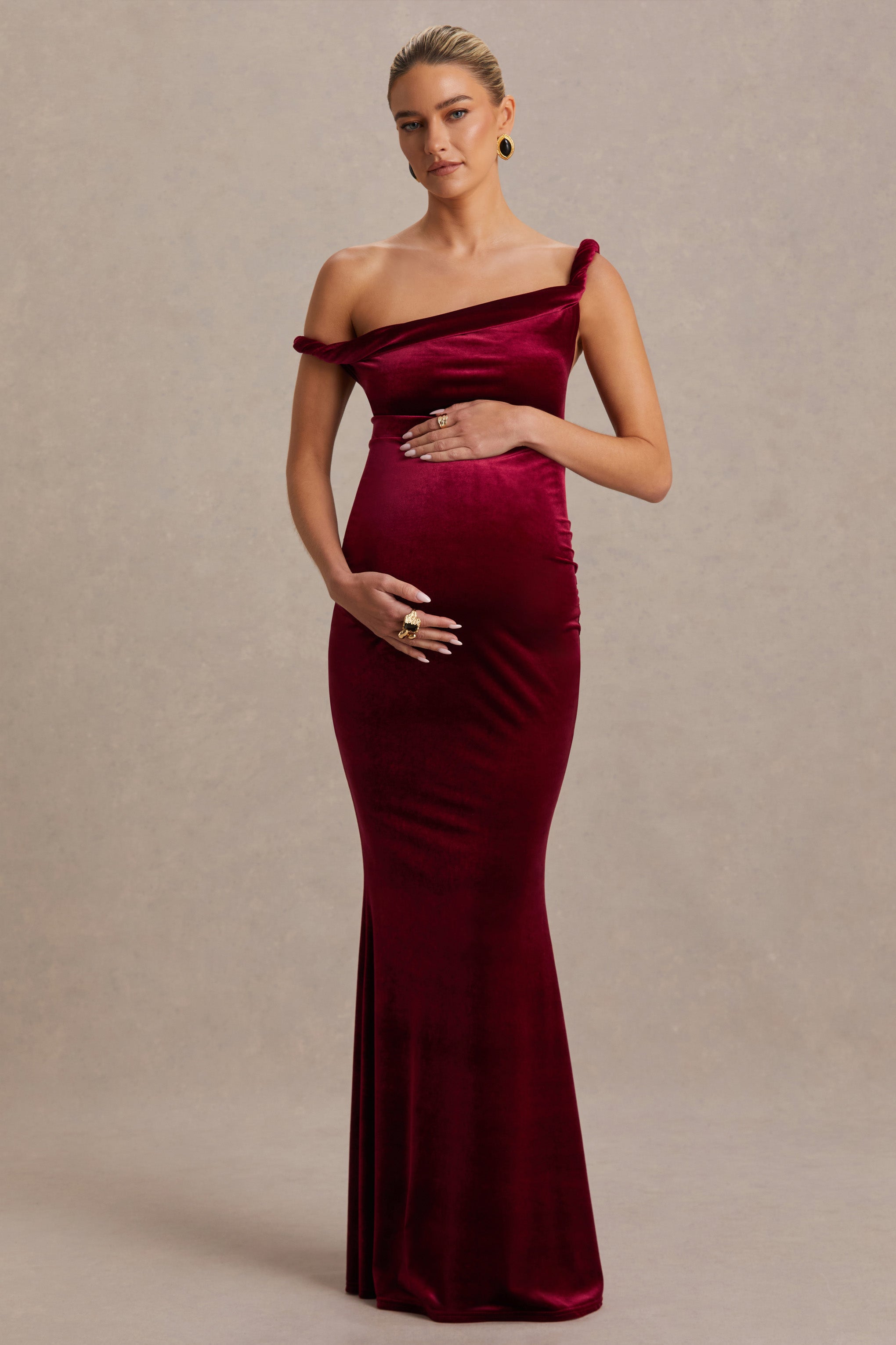 Tallulah | Burgundy Velvet Asymmetric-Neck Maternity Maxi Dress With Twist-Sleeve-Sowoom