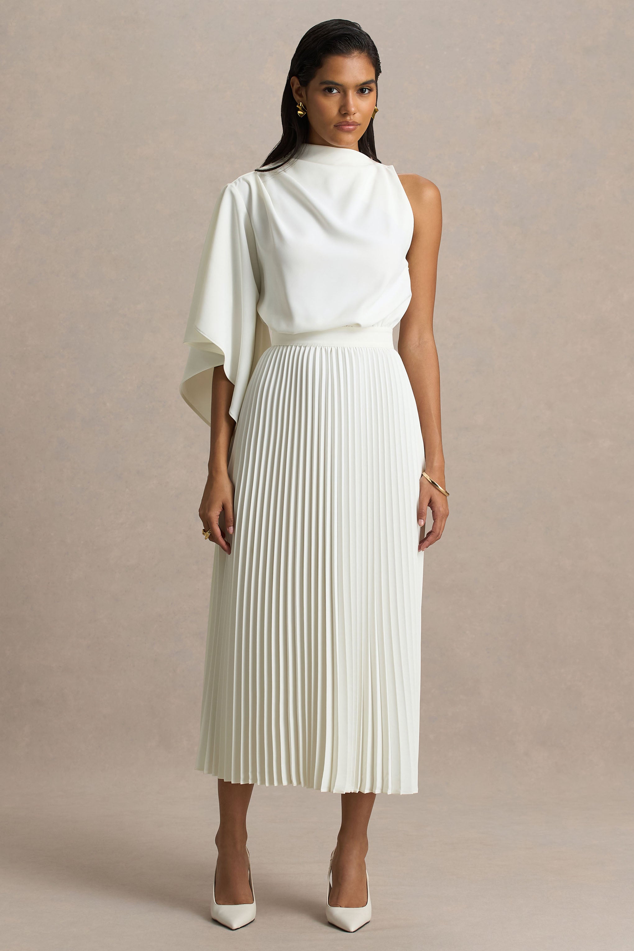 Jimena | Cream High-Neck Midi Dress With One-Long Sleeve And Pleated Detailing-Sowoom