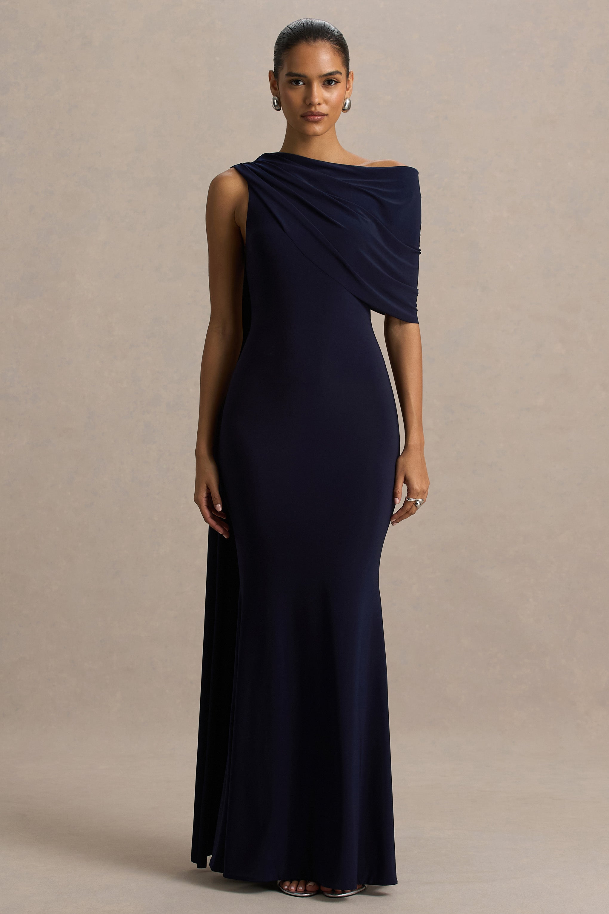 Tiana | Navy Asymmetric-Neck Maxi Dress With Drape-Detail-Sowoom