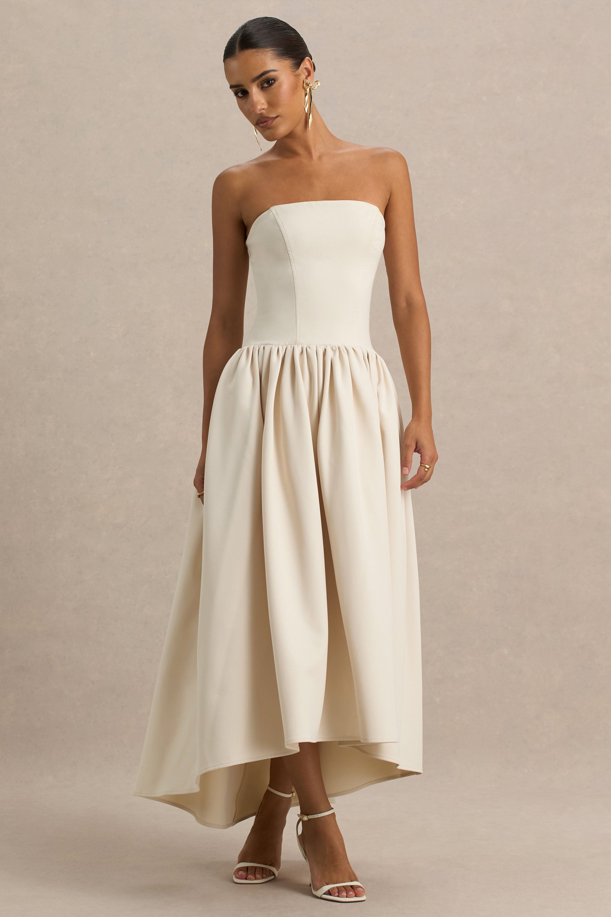 Candice | Cream Bandeau Volume Midi Dress With Back Bow Detail-Sowoom