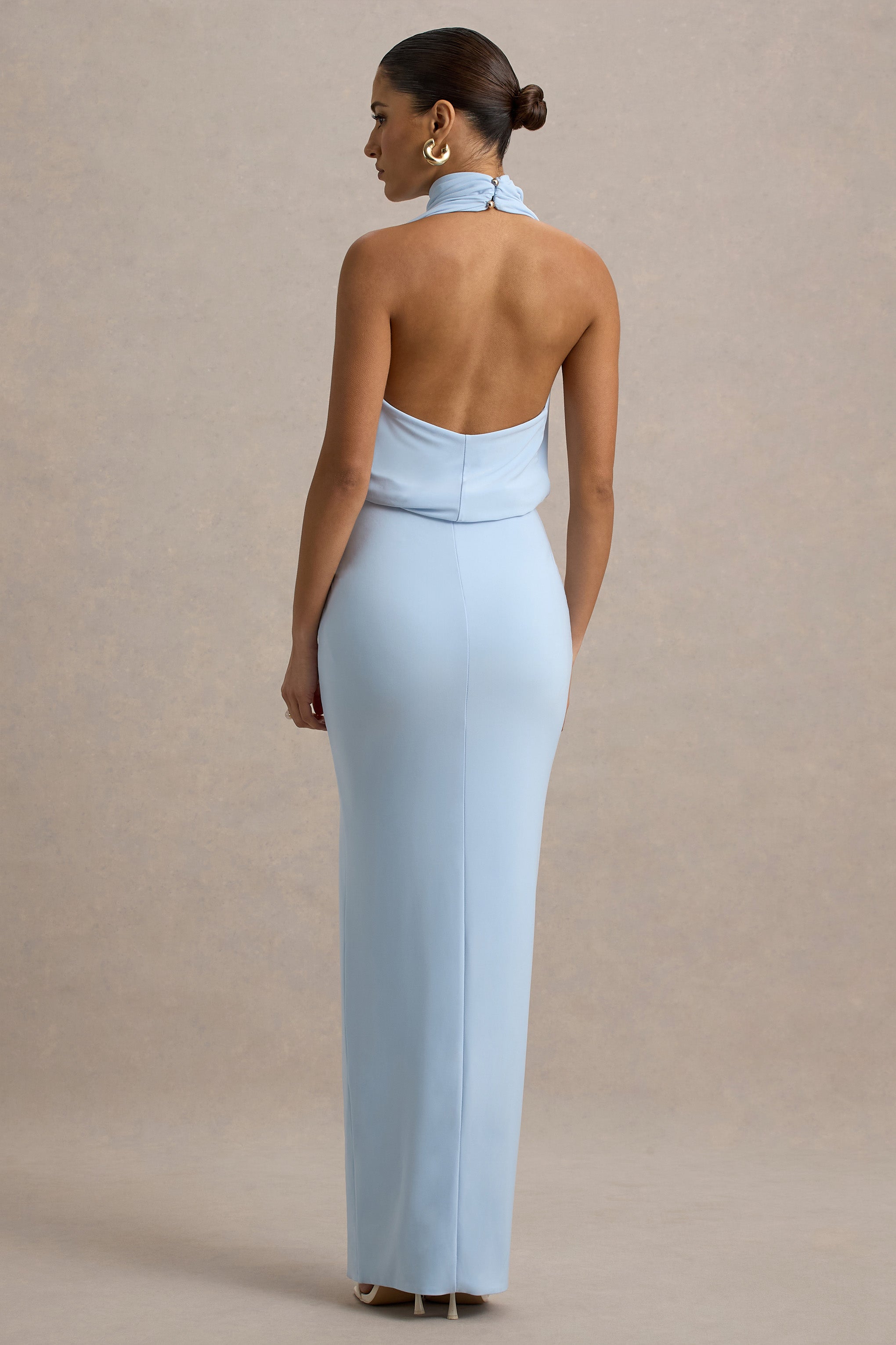 Hayden | Blue High-Neck Draped Split Maxi Dress-Sowoom