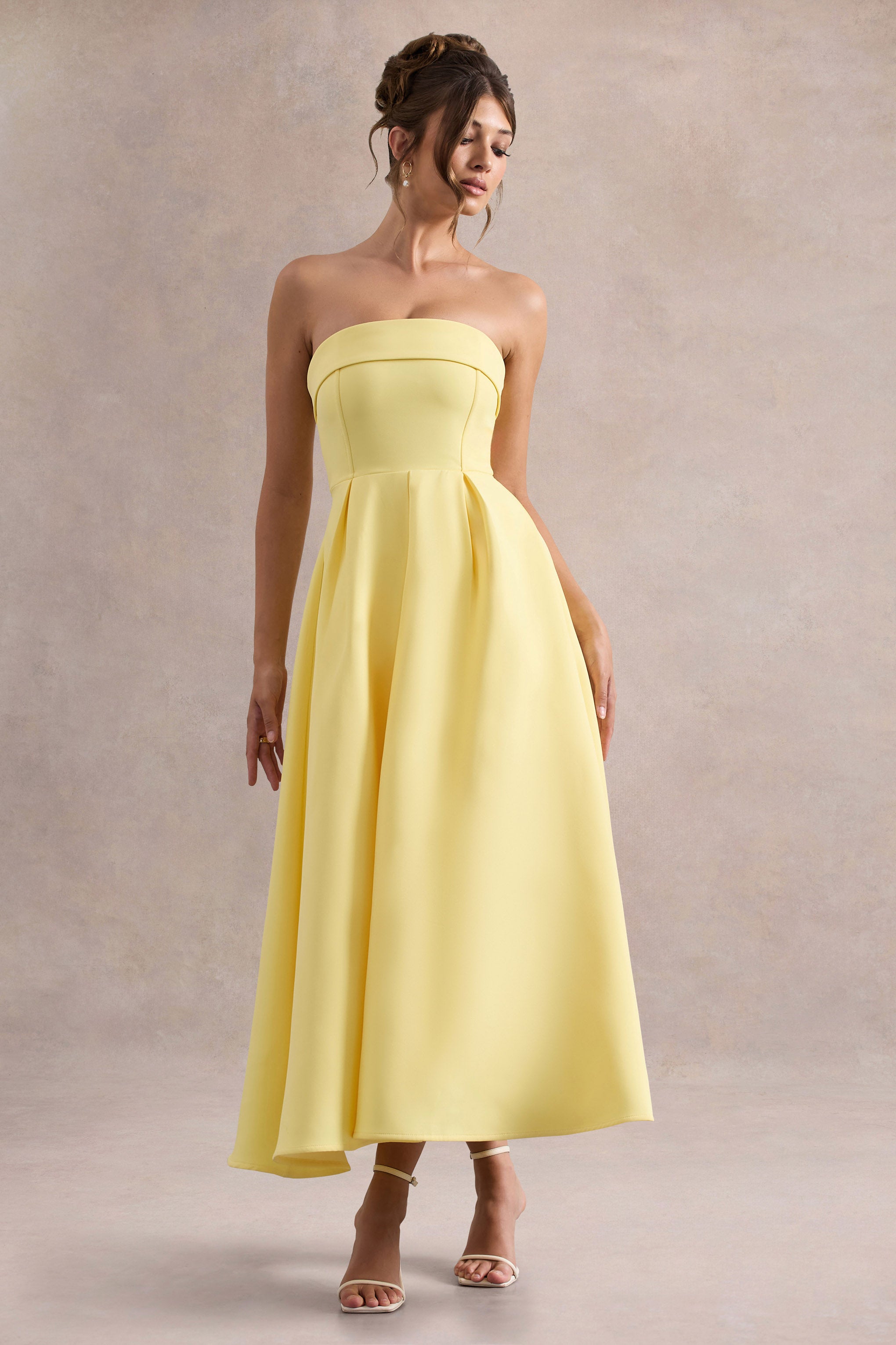 Annalise | Lemon Bandeau Skater Midi Dress-Sowoom