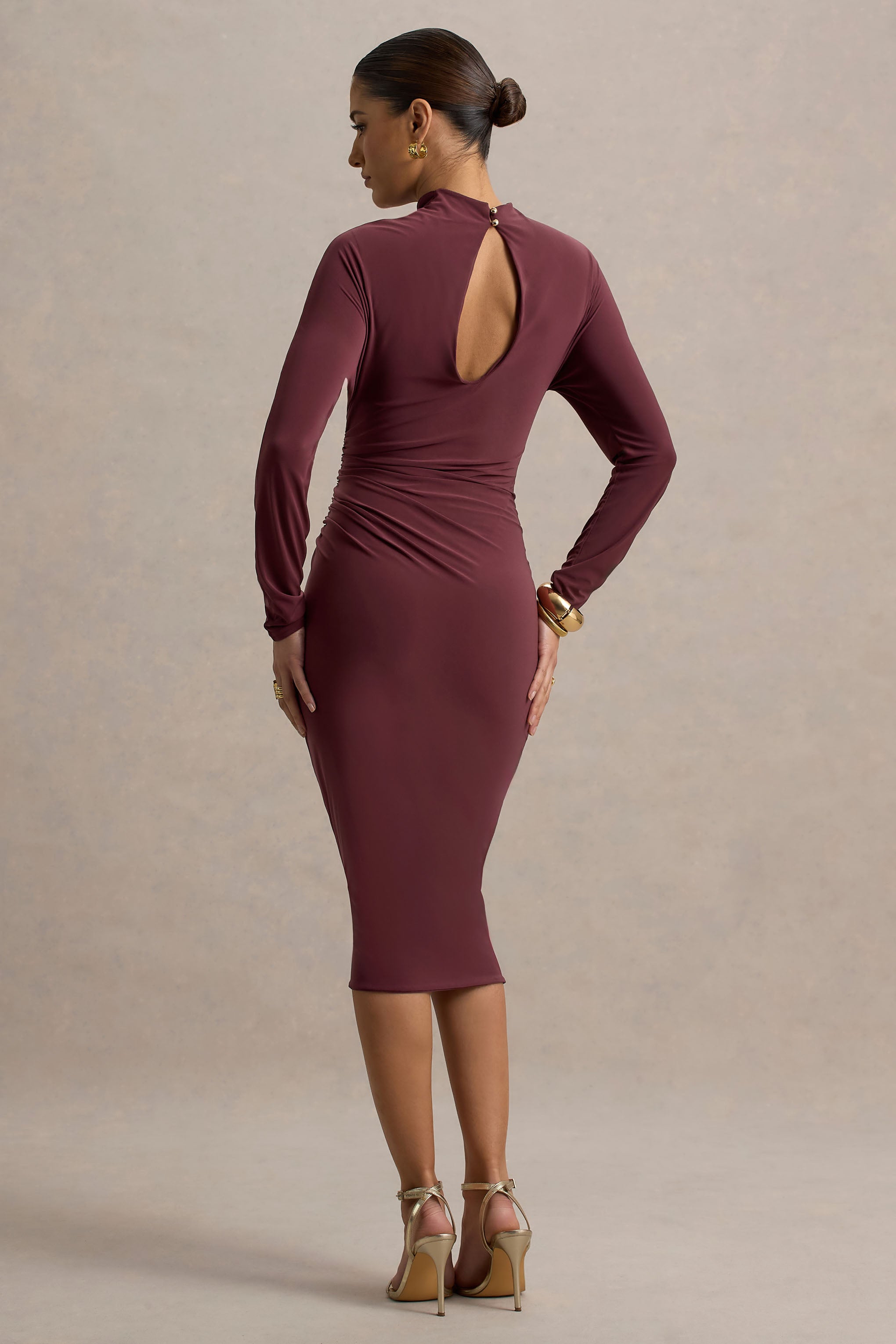 Pandora | Burgundy Long-Sleeve Midi Dress With Cut-Out-Sowoom