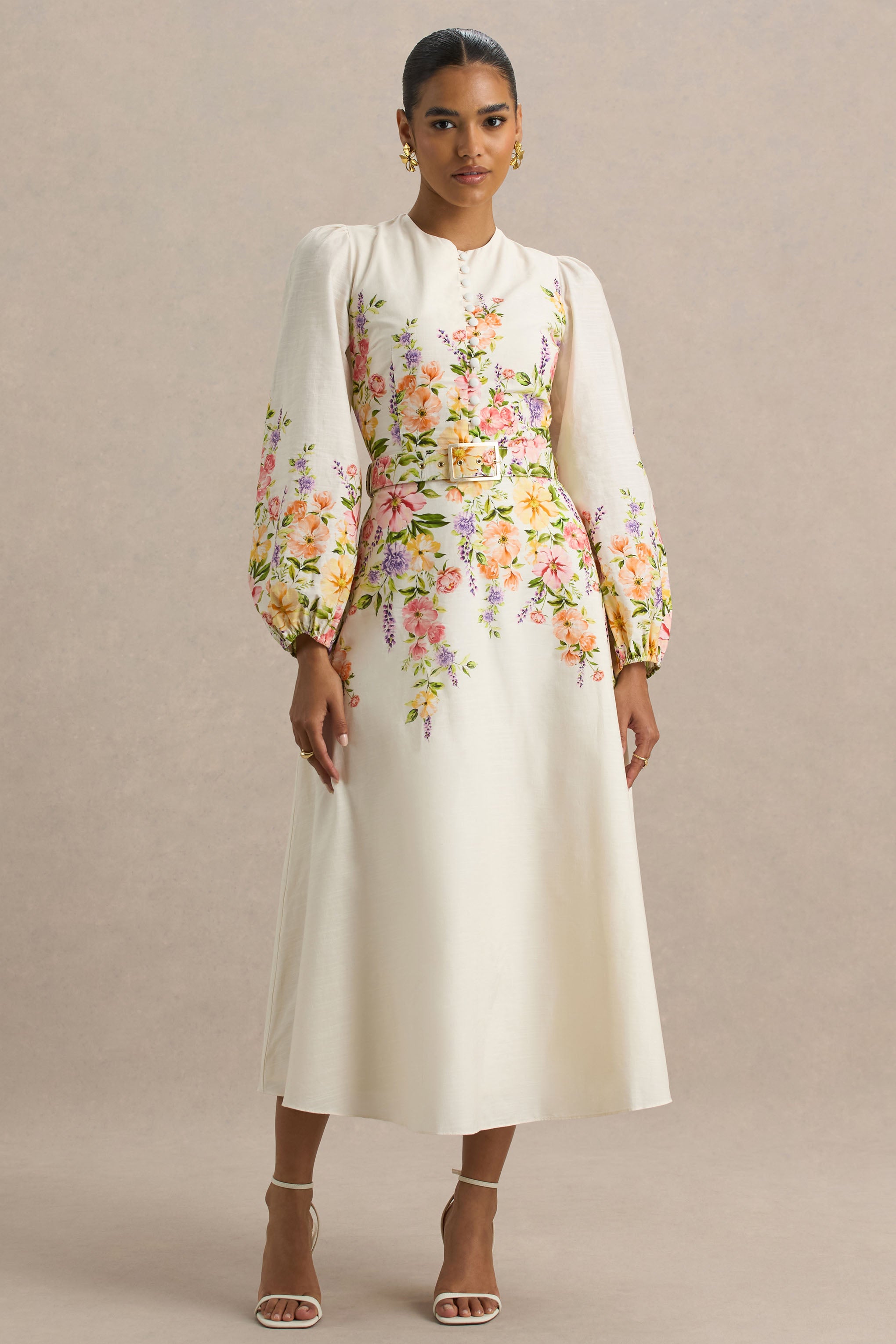 Dahlia | White Floral Border Print High-Neck Midi Dress-Sowoom