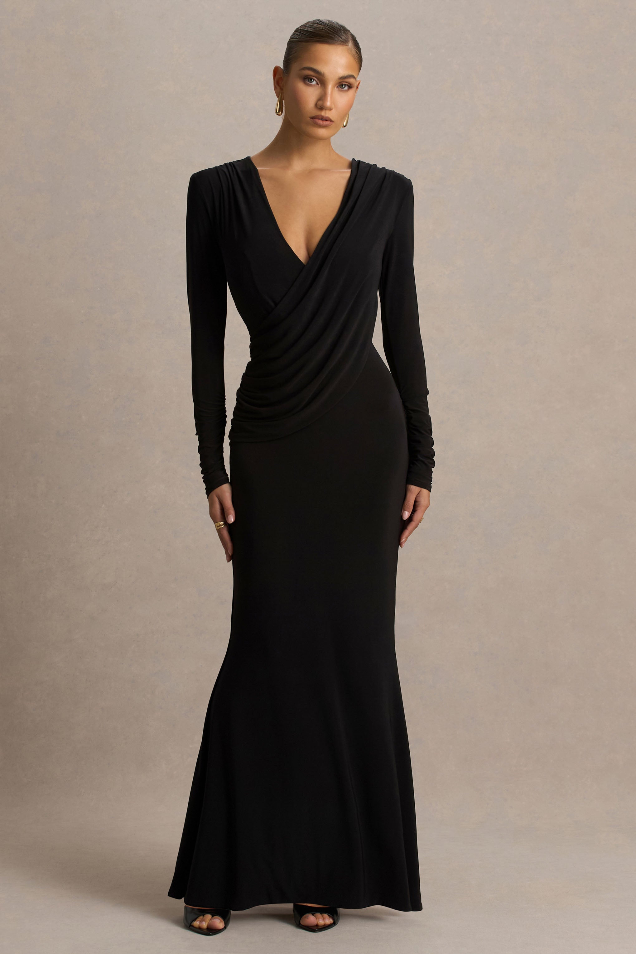 Daphira | Black Extreme-Plunge Neck Maxi Dress-Sowoom