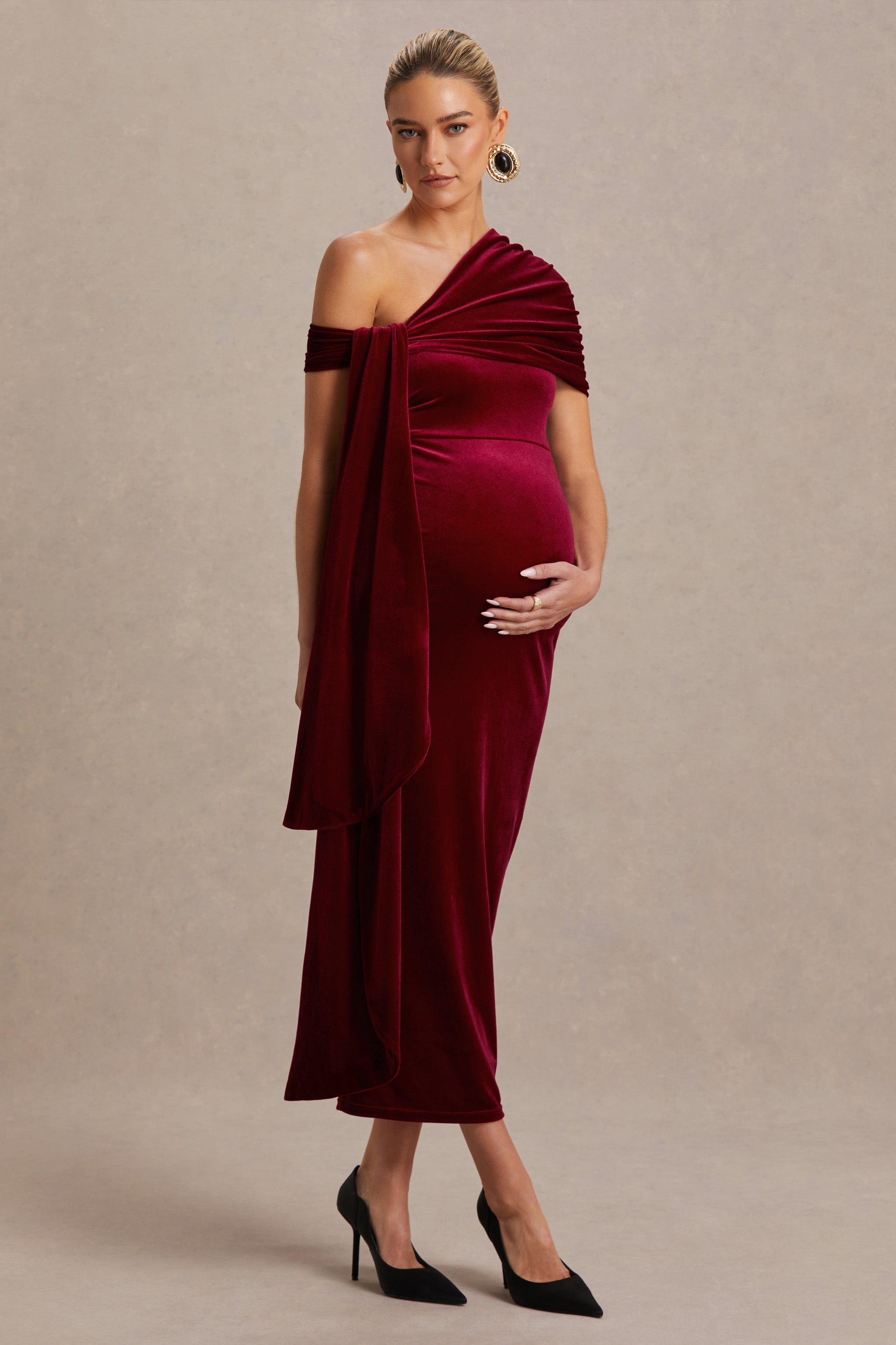 Zena | Burgundy Velvet Asymmetric-Neck Maternity Midi Dress With Knot And Sash Detail-Sowoom