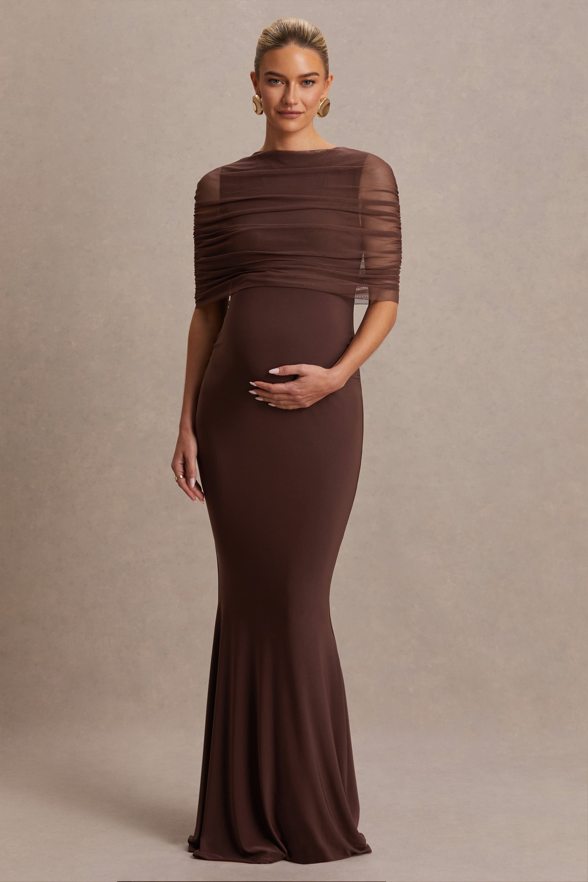Zaria | Brown Crew-Neck Maternity Maxi Dress With Cape-Overlay-Sowoom