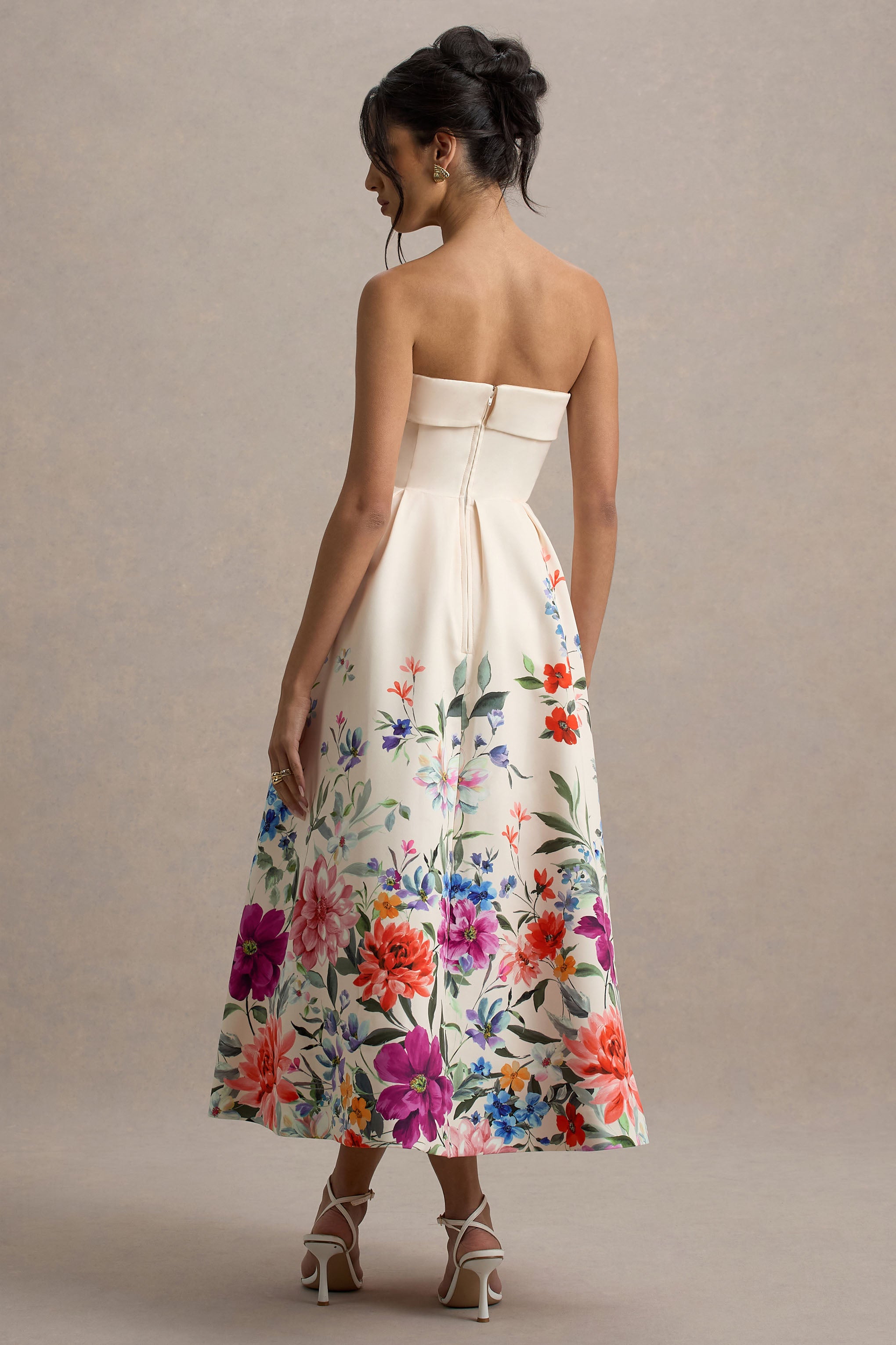 Annalise | Light Pink Floral Print Bandeau Skater Midi Dress-Sowoom