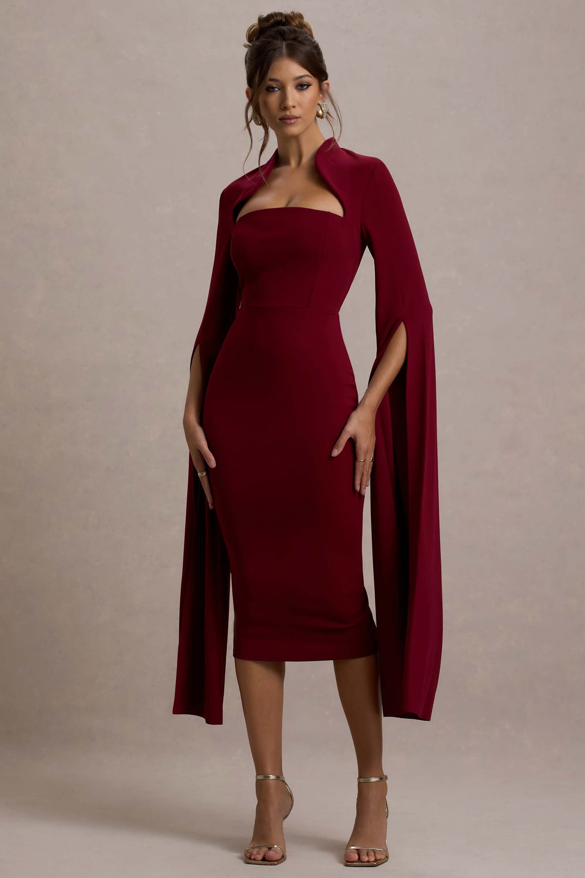 Linden | Berry Bodycon Cape-Sleeve Midi Dress-Sowoom