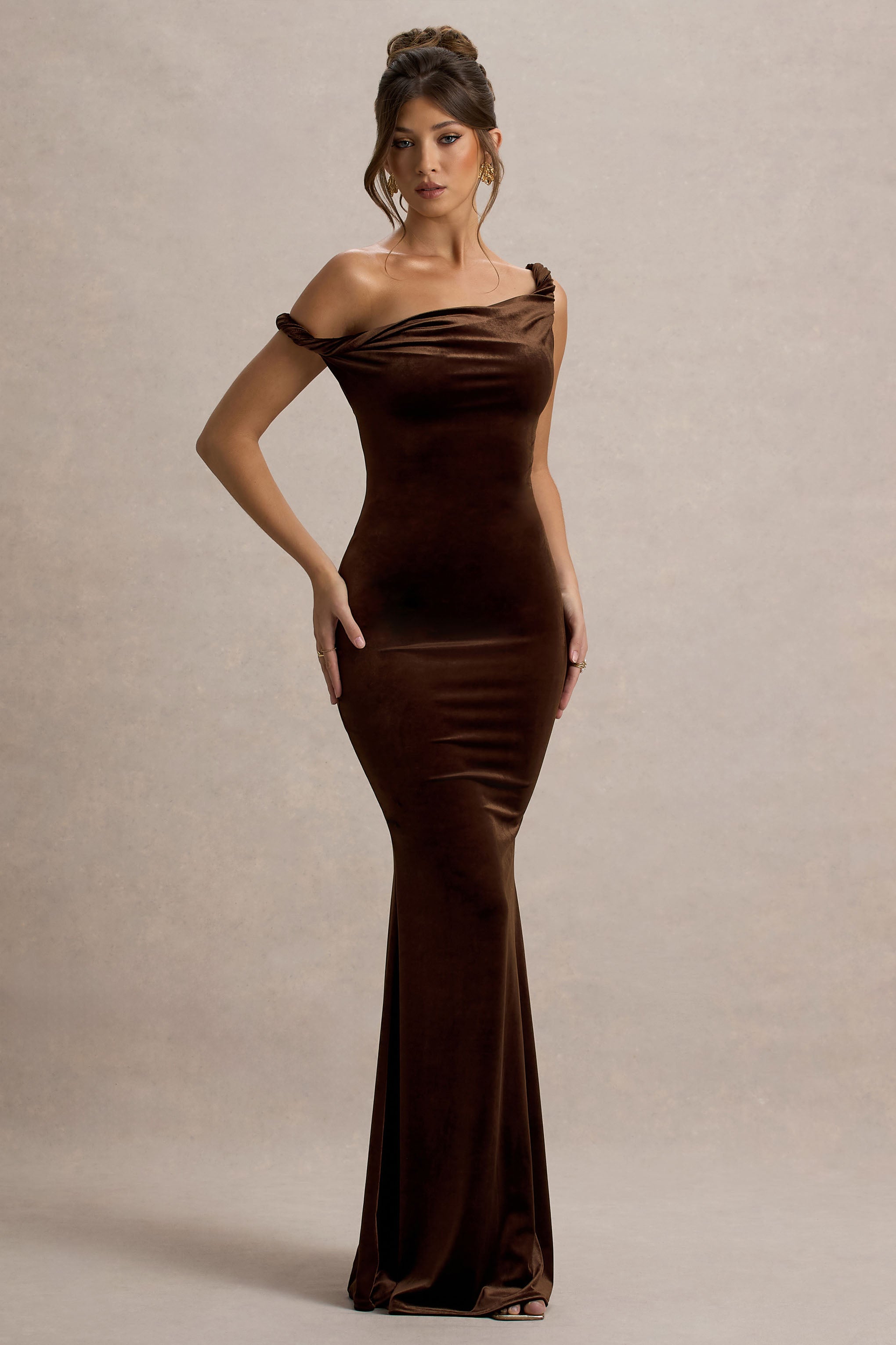Neeka | Brown Velvet Twisted Asymmetric Maxi Dress-Sowoom