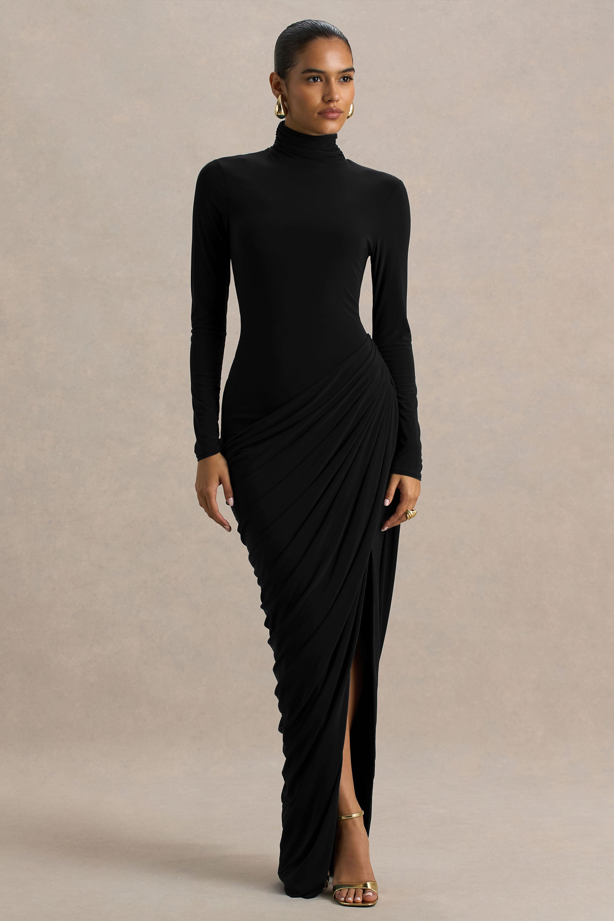Betsy | Black High-Neck Maxi Dress With Front Split And Ruched Detailing-Sowoom