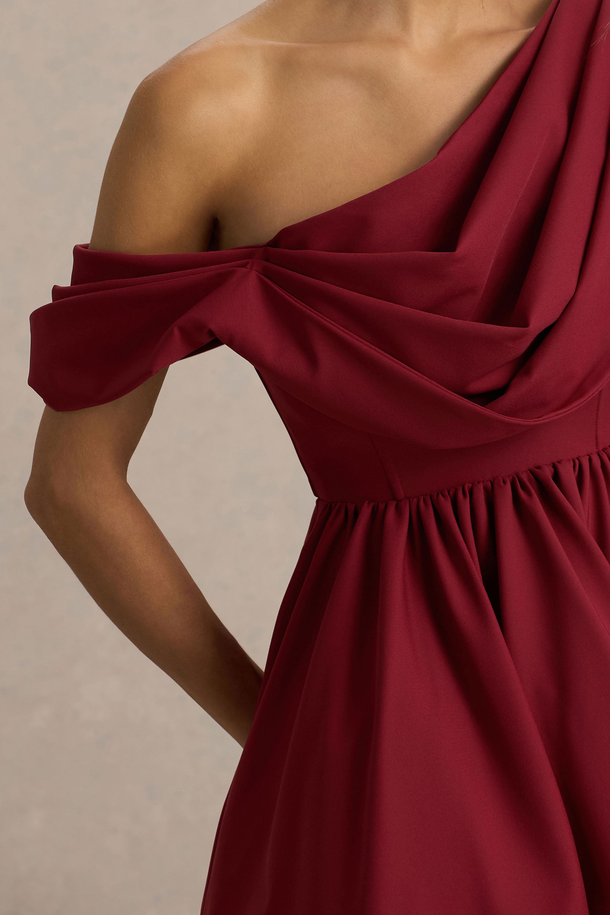 Verona | Burgundy  Draped Asymmetric-Neck Skater Mini Dress-Sowoom