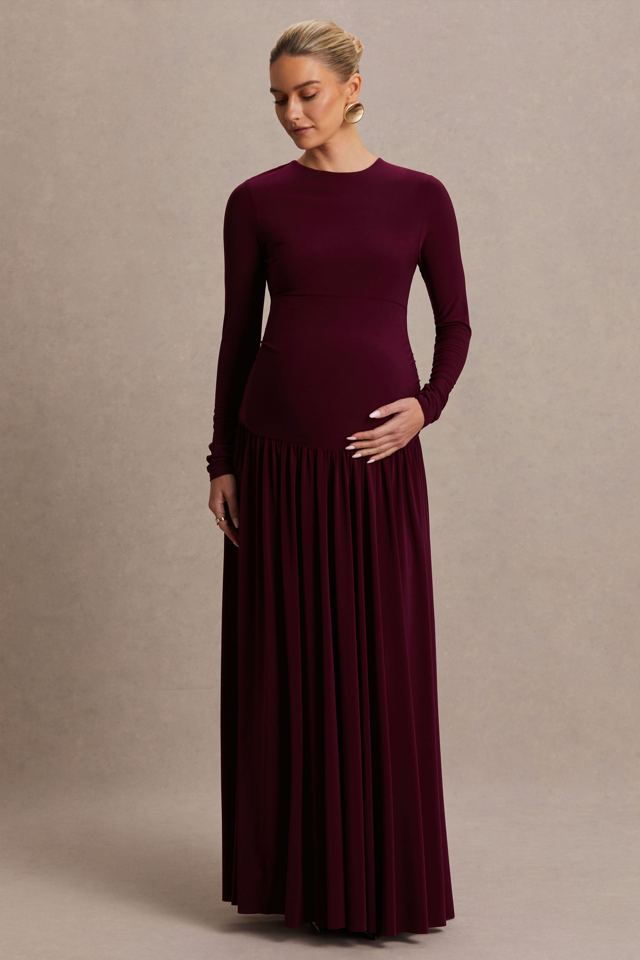 Monroe | Burgundy Crew-Neck Maternity Maxi Dress With Drop-Waist-Sowoom
